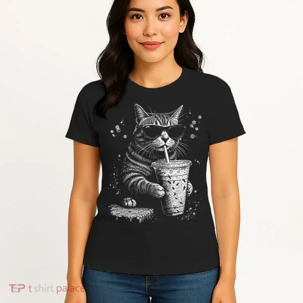 Cool Cat Sipping Drink With Sunglasses Graphic Women's T-Shirt