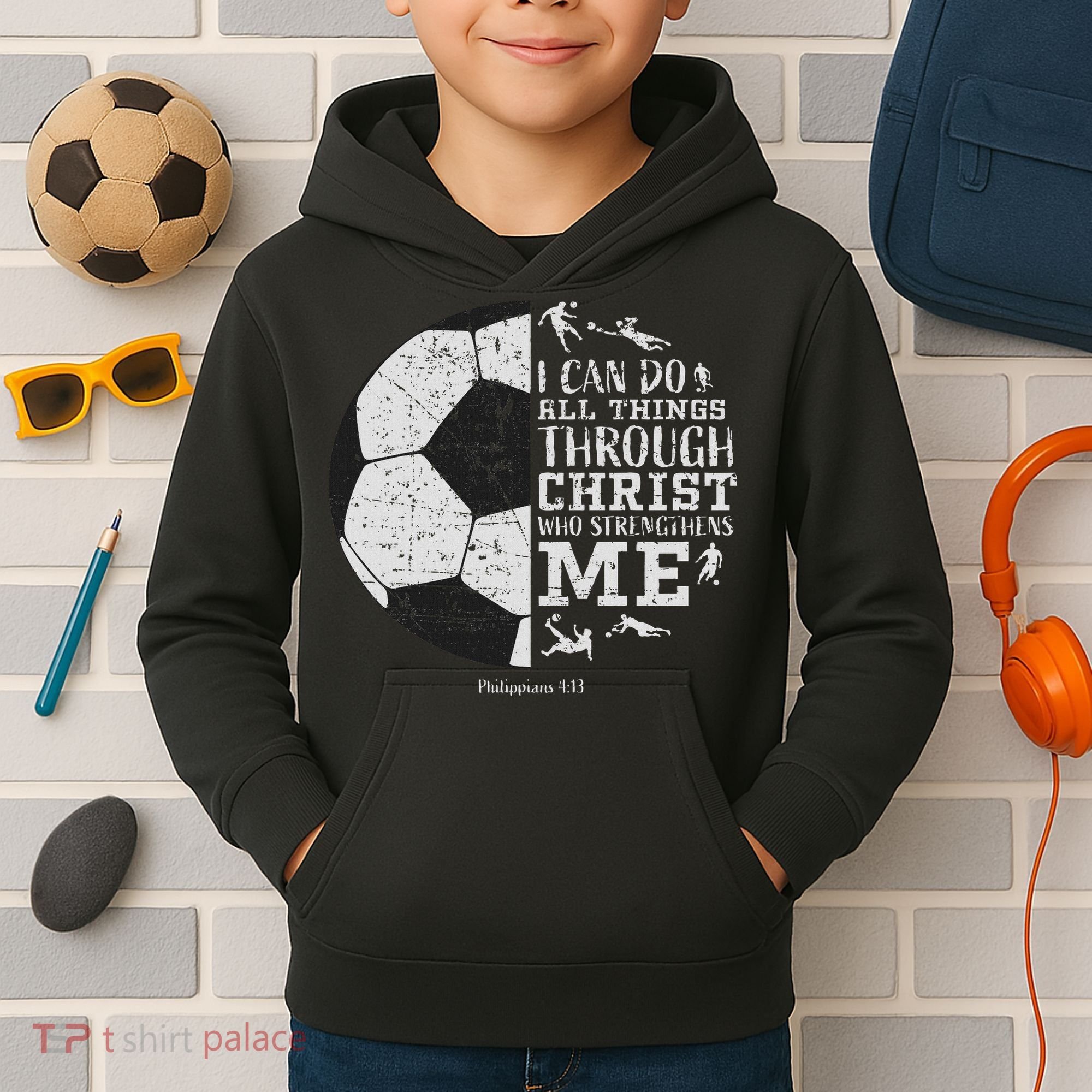 Christian Soccer Faith Bible Verse Philippians 413 Kids Hoodie