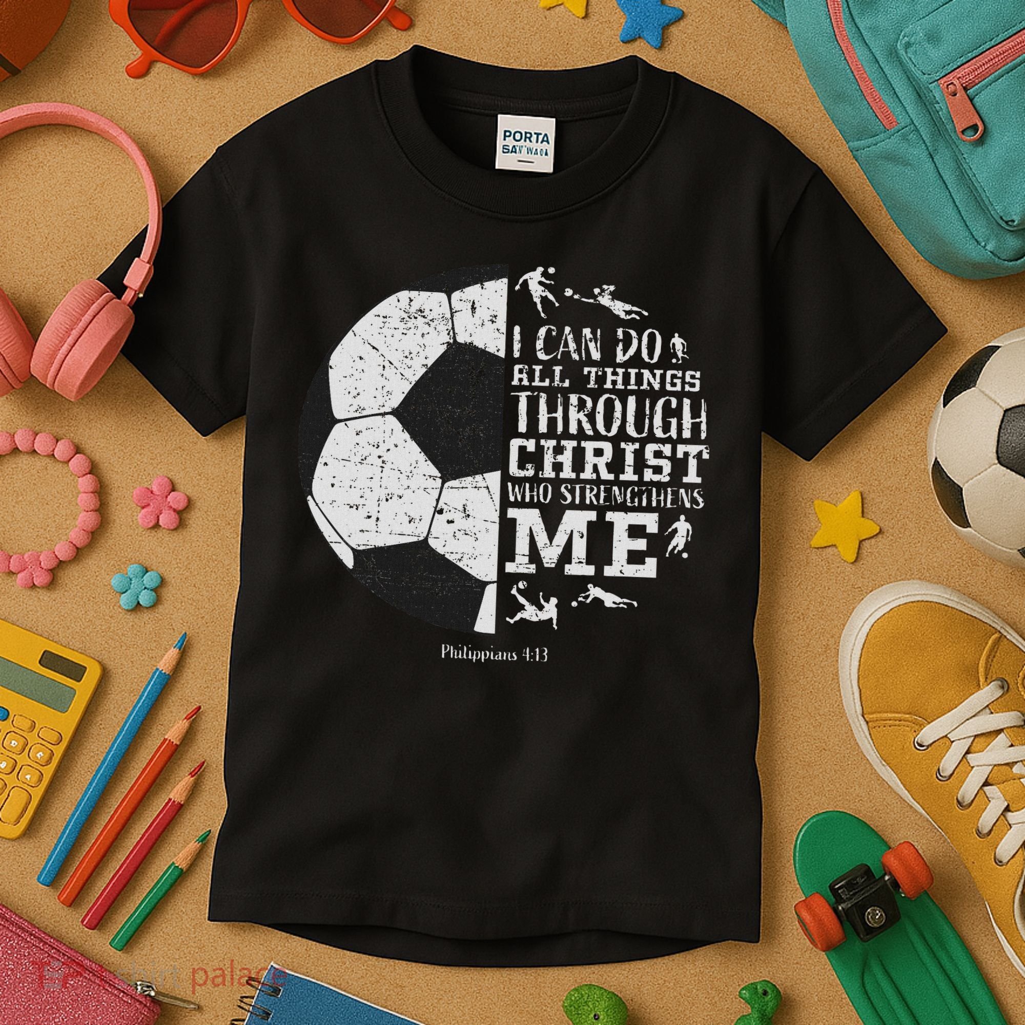 Christian Soccer Faith Bible Verse Philippians 413 Kids T-Shirt