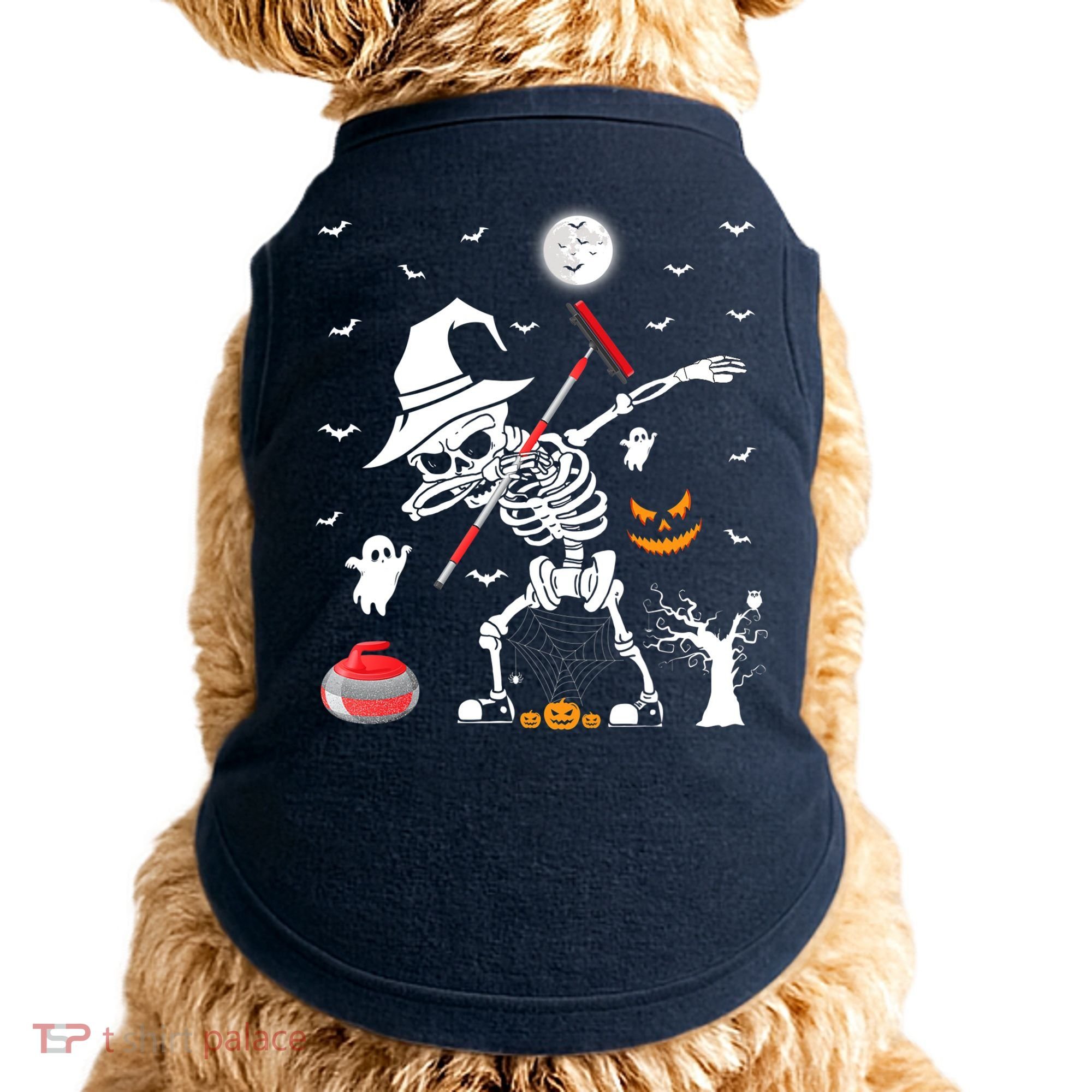 Curling Sports Funny Skeleton Dabbing Curling Halloween Doggie Tank