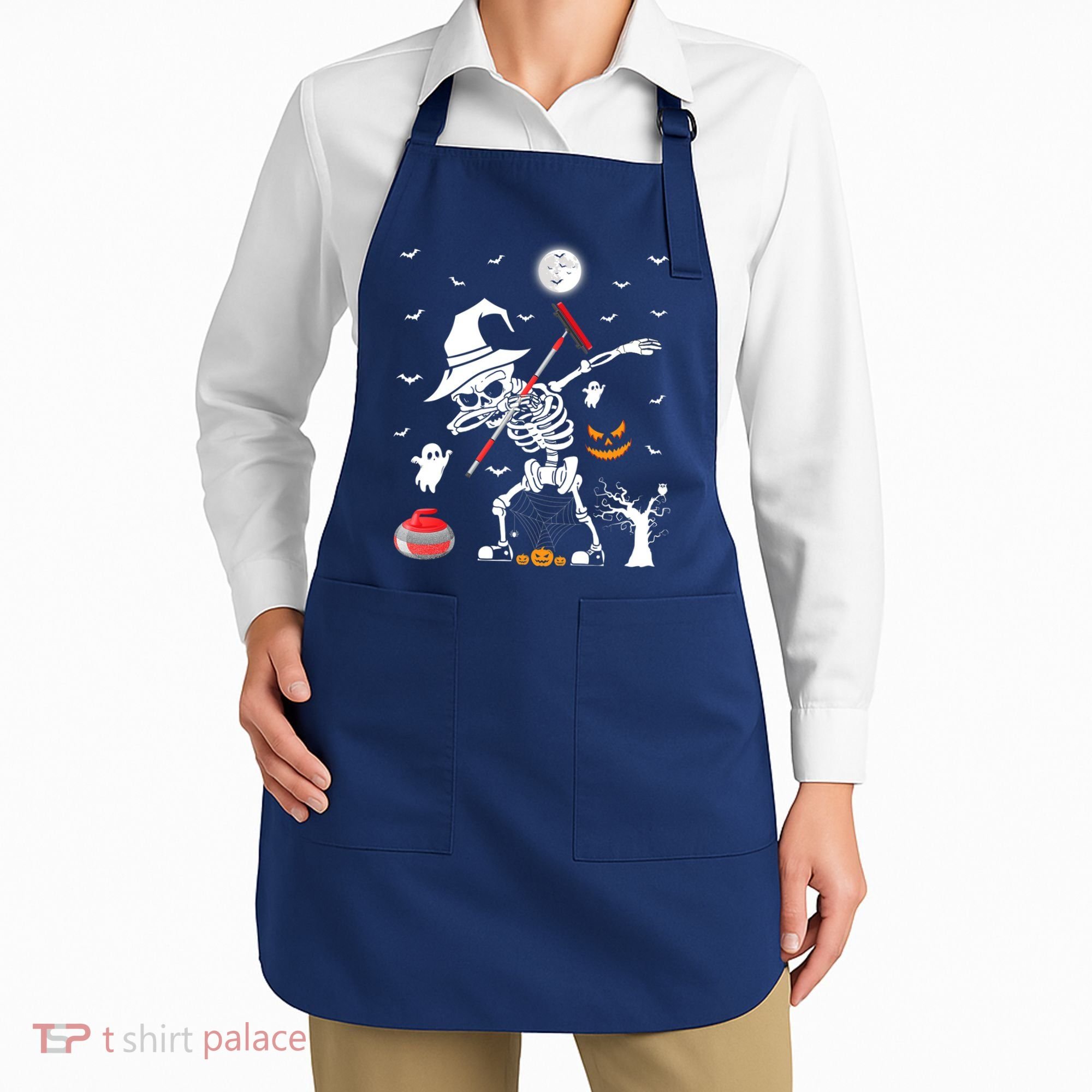 Curling Sports Funny Skeleton Dabbing Curling Halloween Apron