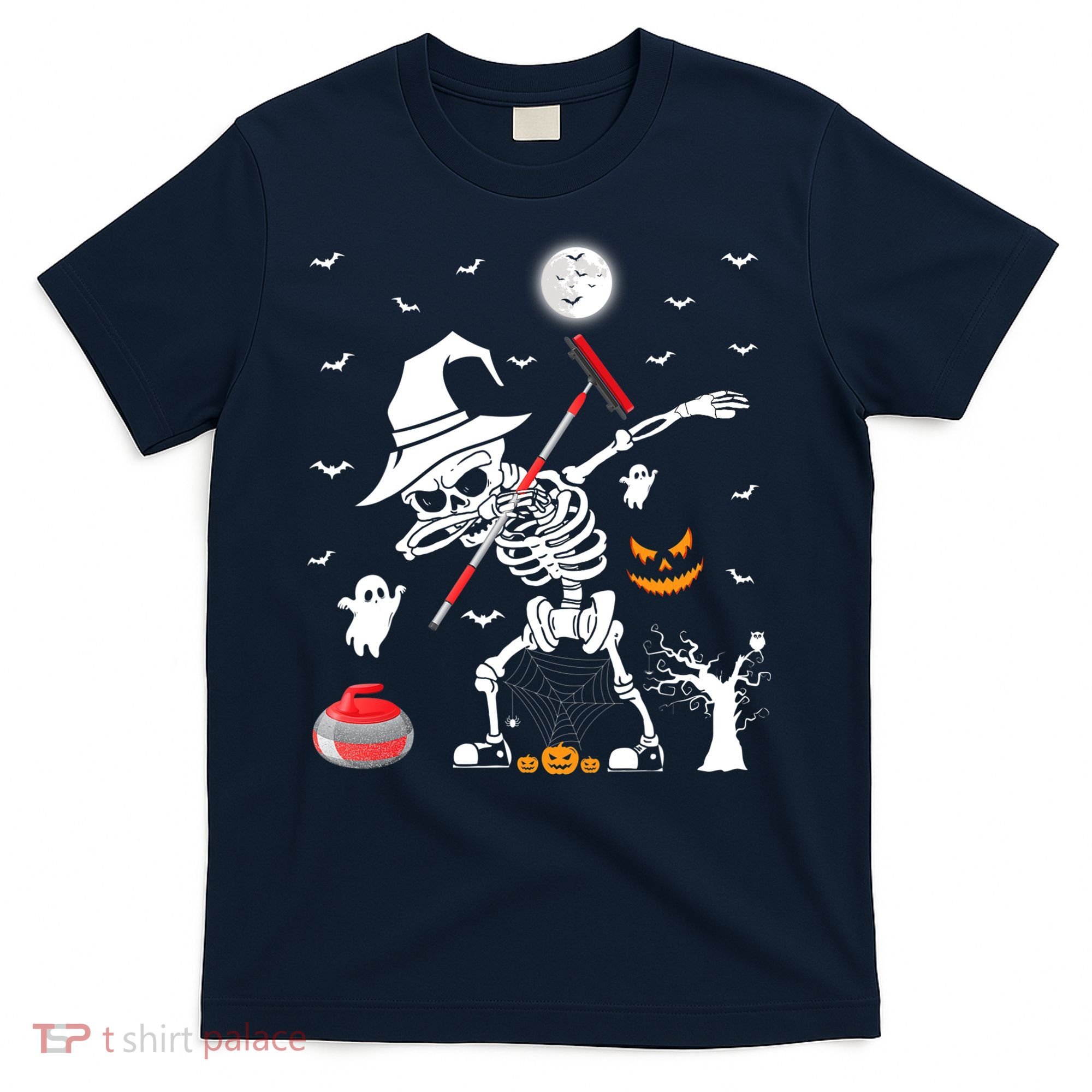 Curling Sports Funny Skeleton Dabbing Curling Halloween T-Shirt