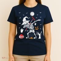 Curling Sports Funny Skeleton Dabbing Curling Halloween T-Shirt thumb 4