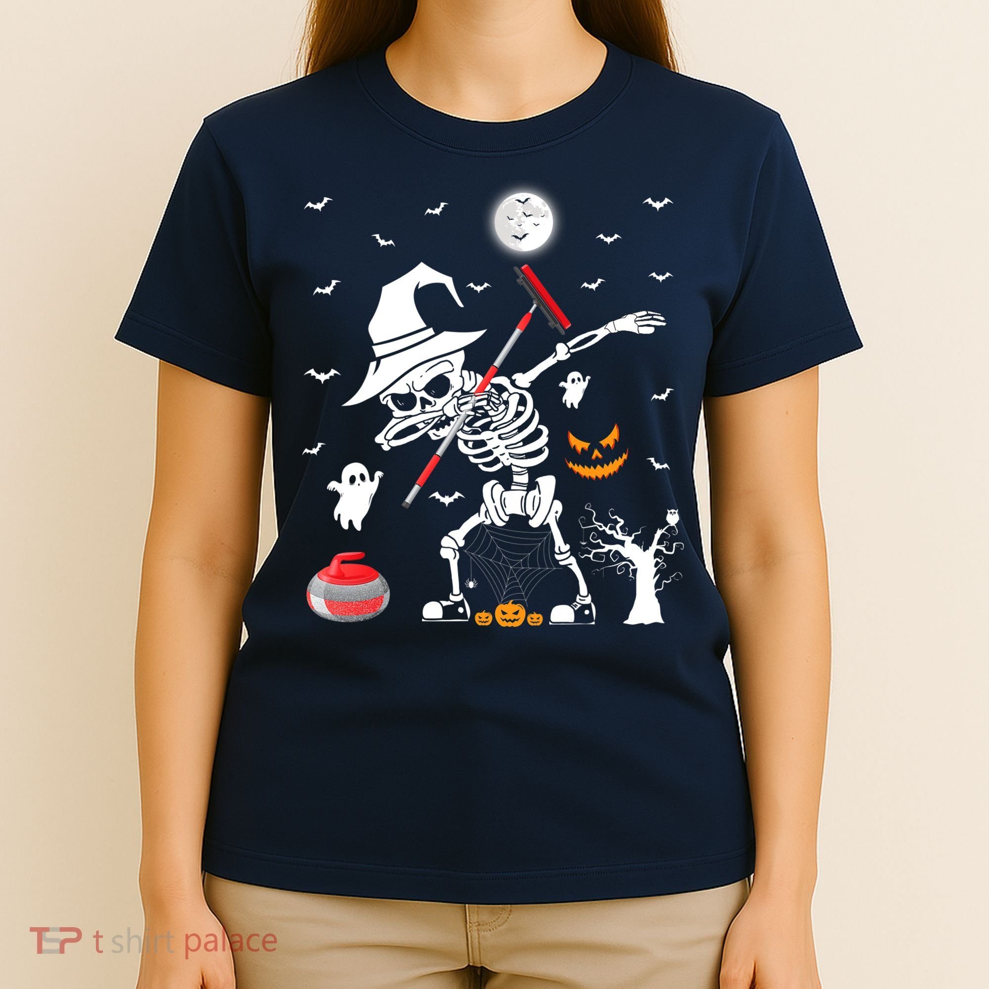 Curling Sports Funny Skeleton Dabbing Curling Halloween T-Shirt