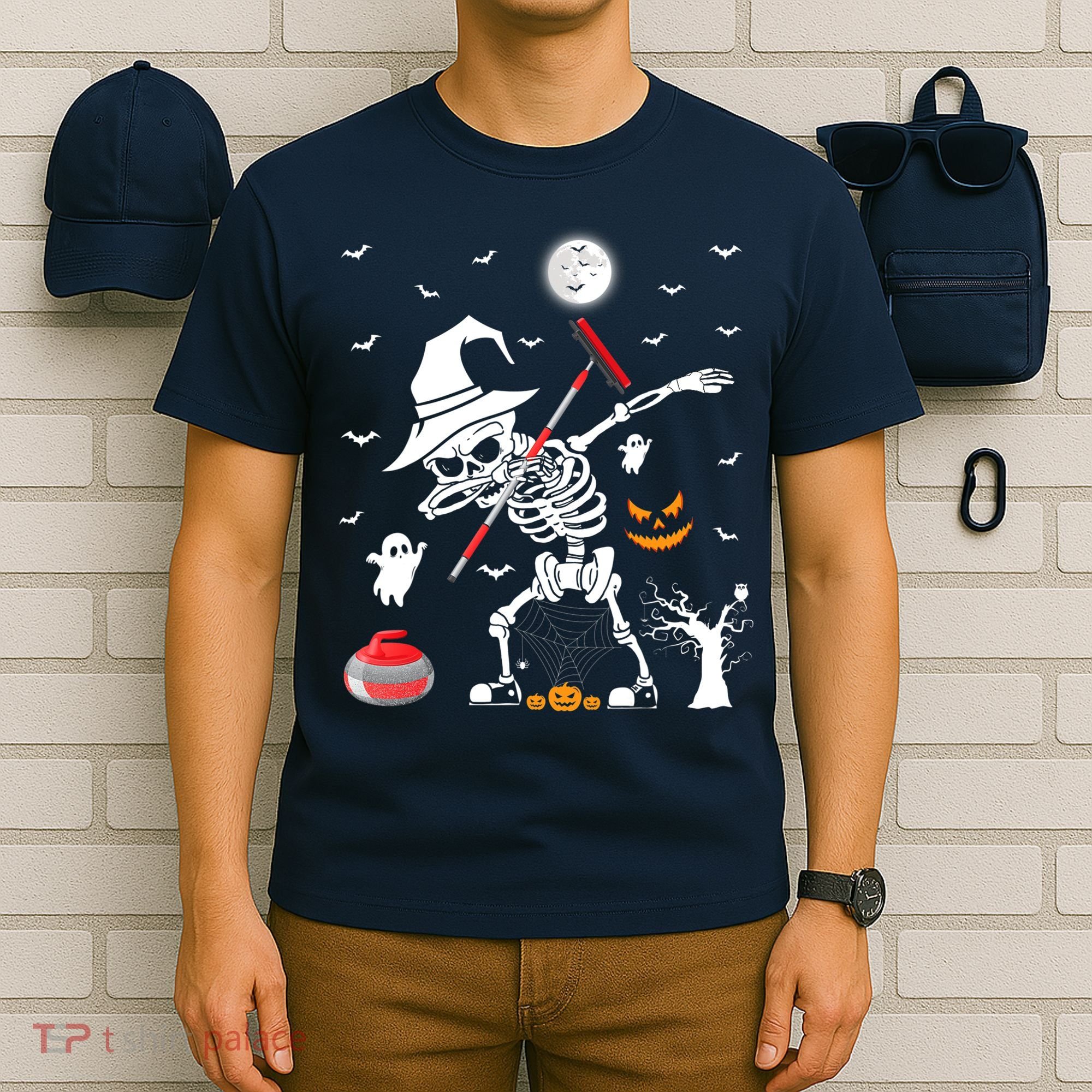 Curling Sports Funny Skeleton Dabbing Curling Halloween T-Shirt