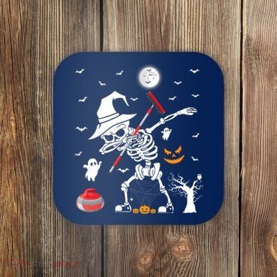 Curling Sports Funny Skeleton Dabbing Curling Halloween Coaster