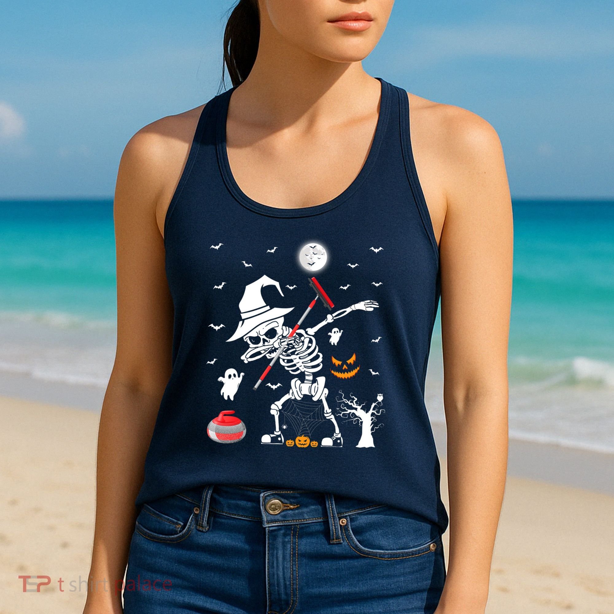 Curling Sports Funny Skeleton Dabbing Curling Halloween Women's Tank Top