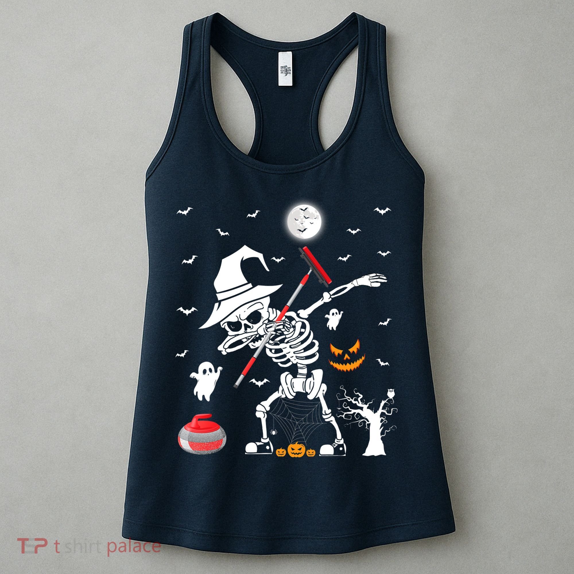 Curling Sports Funny Skeleton Dabbing Curling Halloween Women's Tank Top