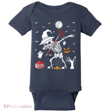 Curling Sports Funny Skeleton Dabbing Curling Halloween Baby Bodysuit