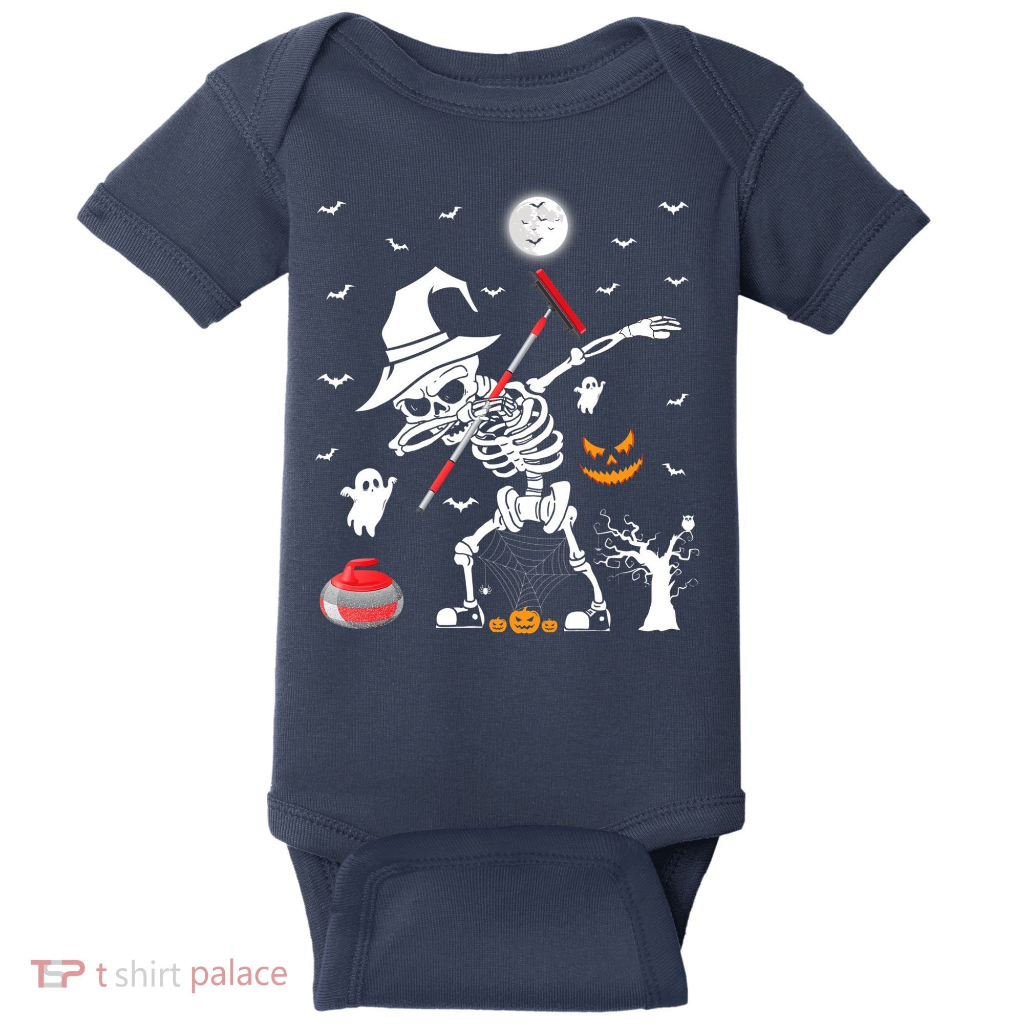 Curling Sports Funny Skeleton Dabbing Curling Halloween Baby Bodysuit