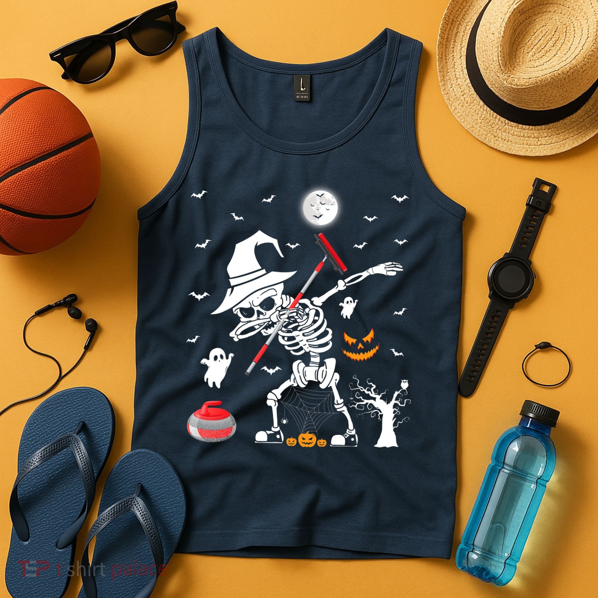 Curling Sports Funny Skeleton Dabbing Curling Halloween Tank Top