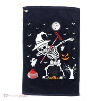Curling Sports Funny Skeleton Dabbing Curling Halloween Golf Towel thumb 0