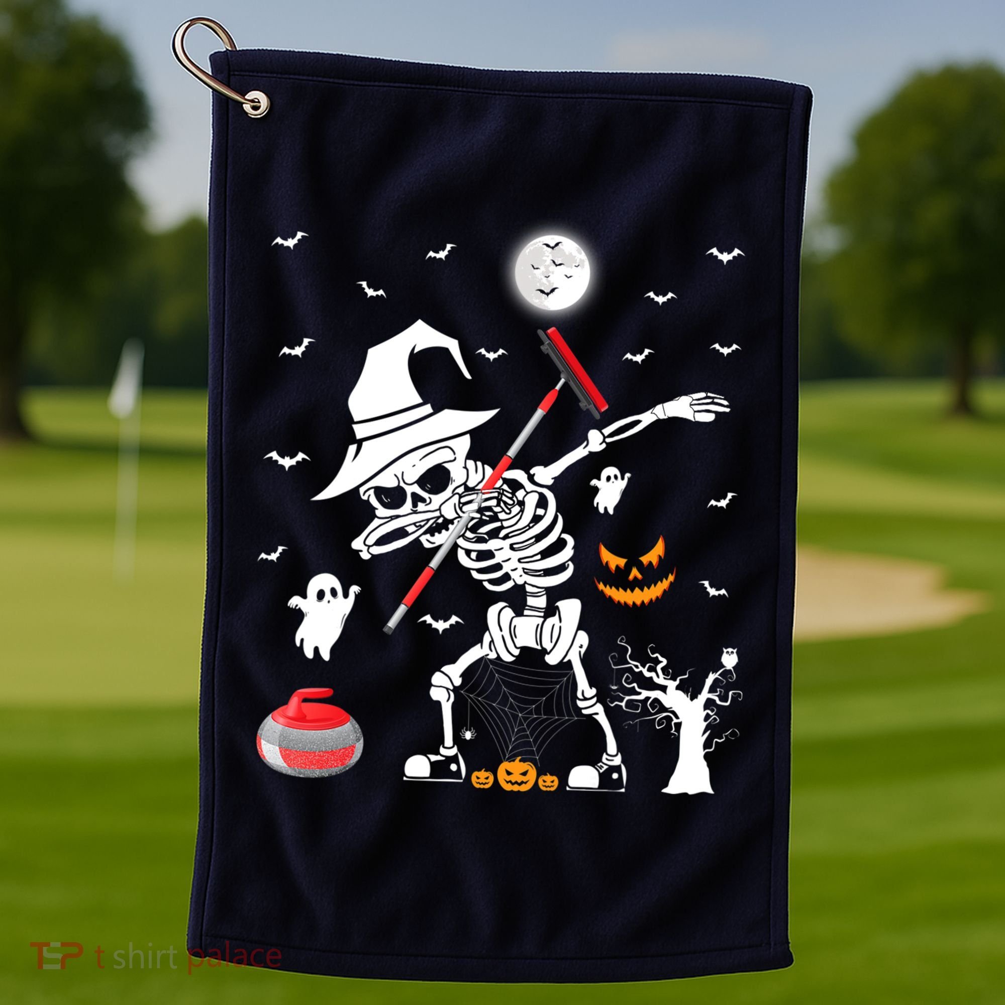 Curling Sports Funny Skeleton Dabbing Curling Halloween Golf Towel
