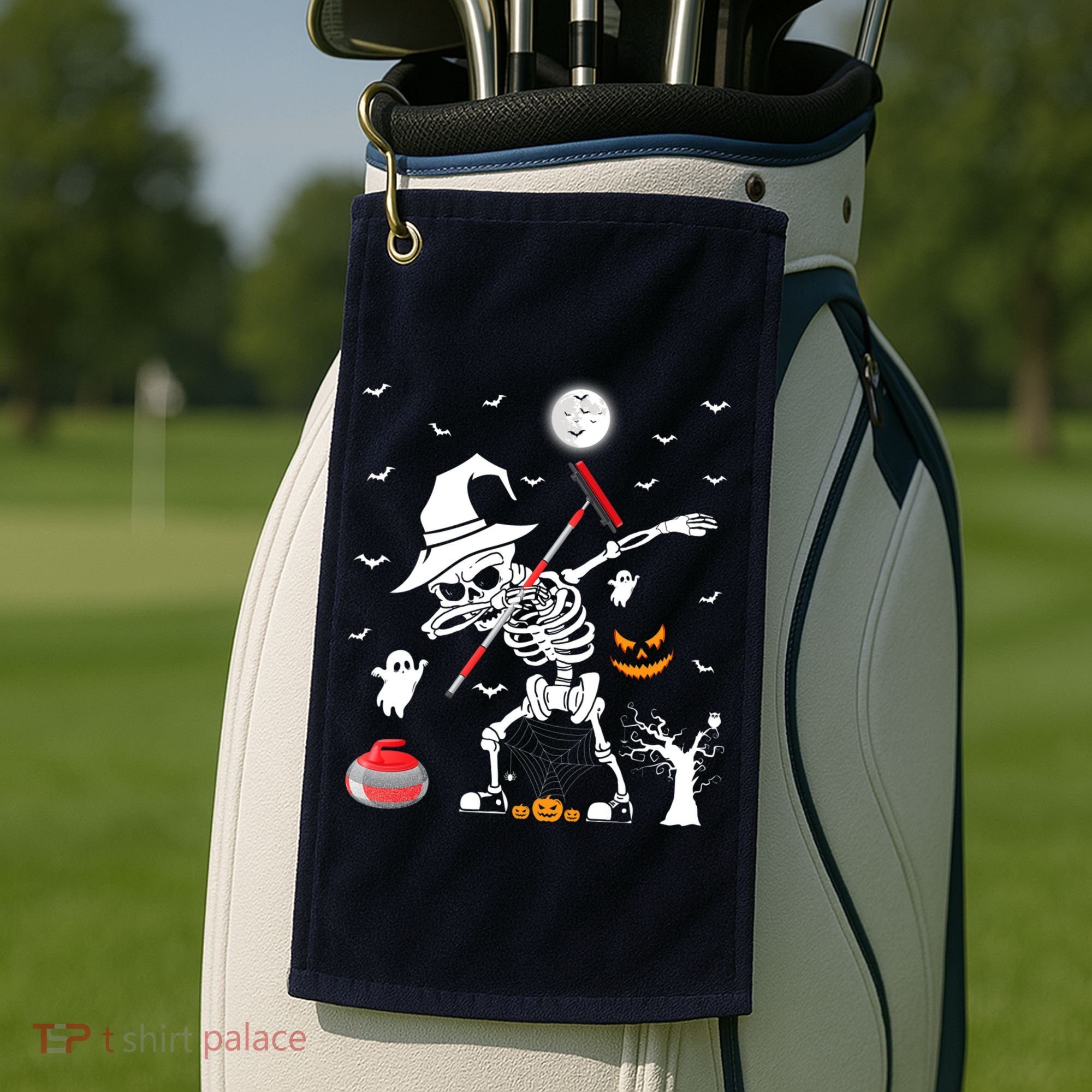 Curling Sports Funny Skeleton Dabbing Curling Halloween Golf Towel
