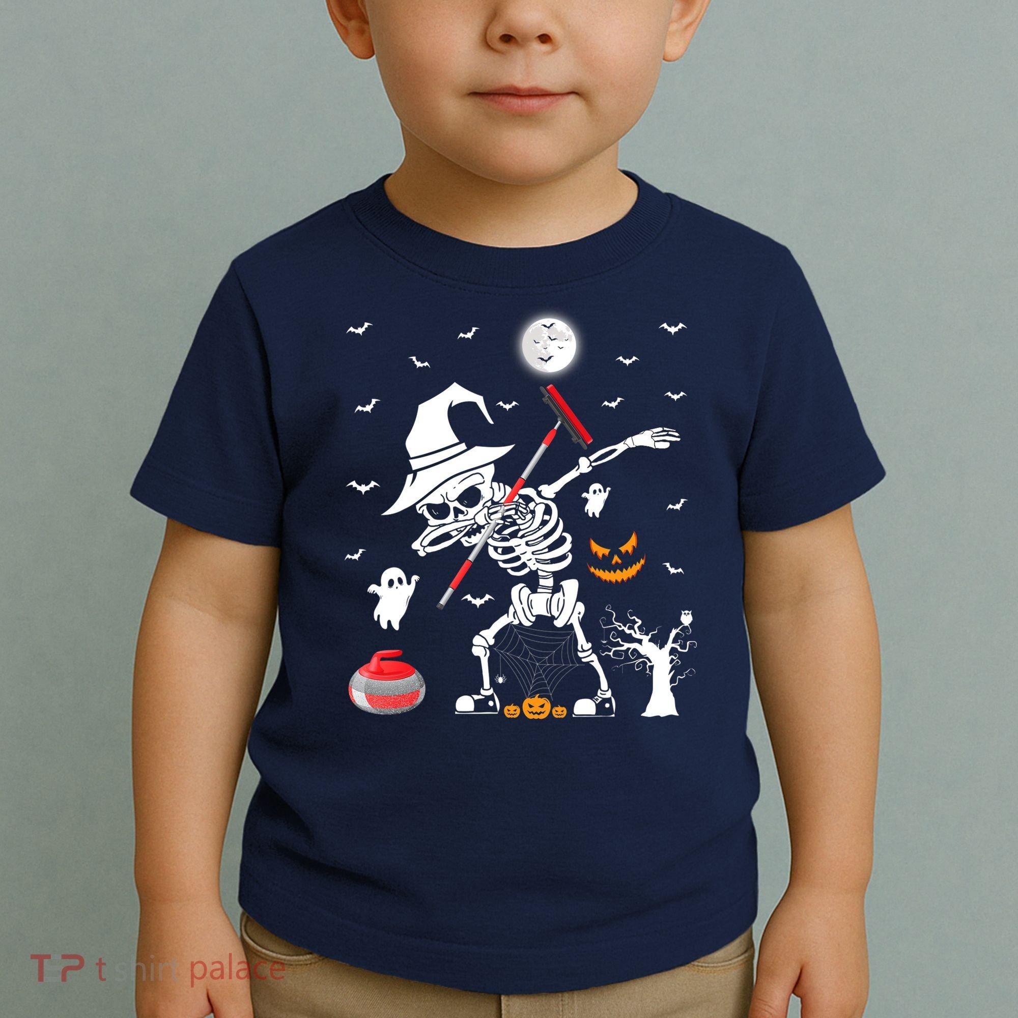 Curling Sports Funny Skeleton Dabbing Curling Halloween Toddler T-Shirt