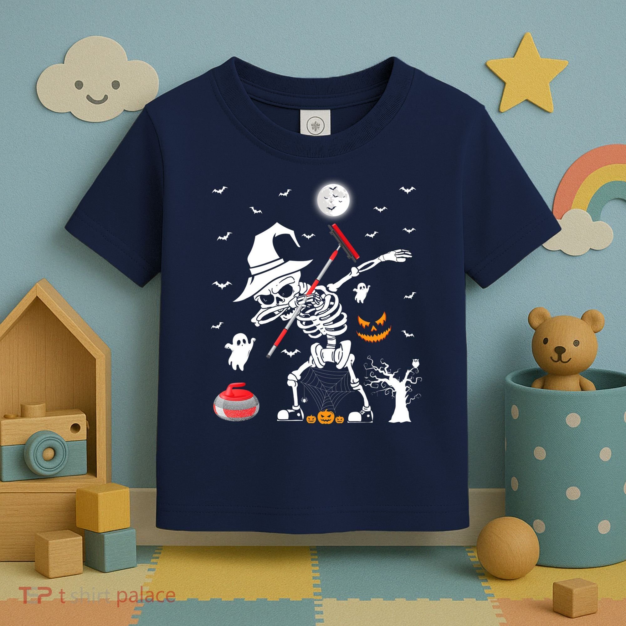 Curling Sports Funny Skeleton Dabbing Curling Halloween Toddler T-Shirt