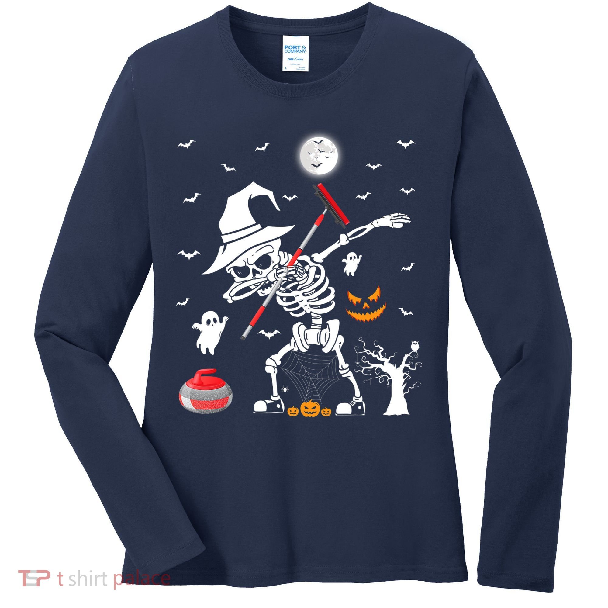 Curling Sports Funny Skeleton Dabbing Curling Halloween Women's Long Sleeve Shirt