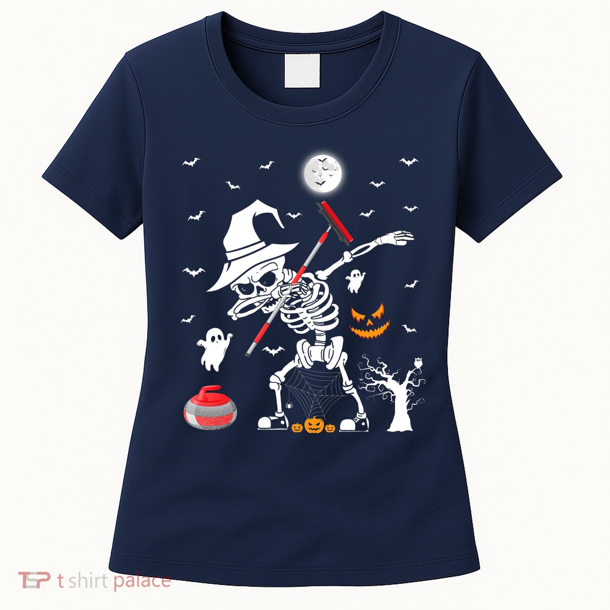 Curling Sports Funny Skeleton Dabbing Curling Halloween Women's T-Shirt