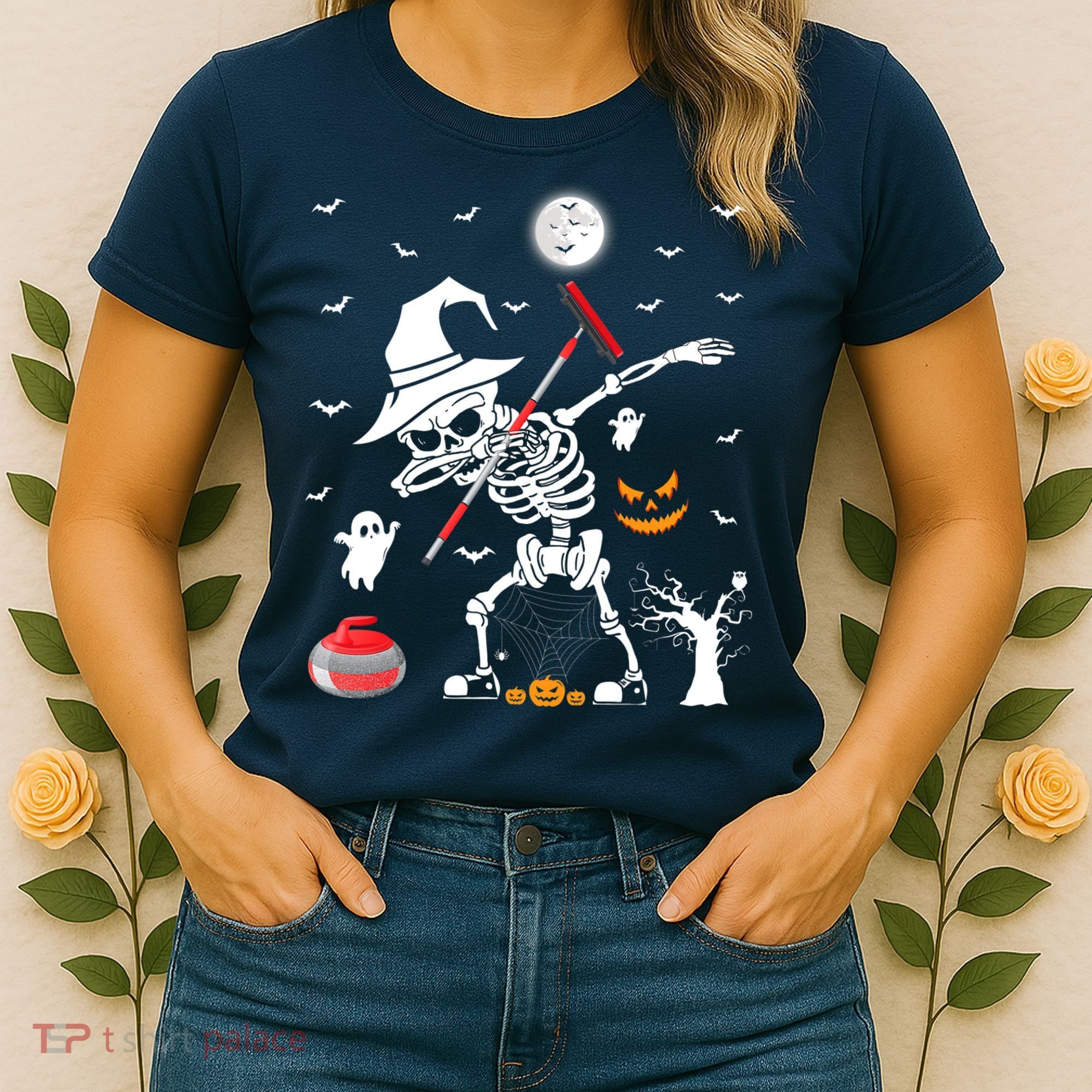 Curling Sports Funny Skeleton Dabbing Curling Halloween Women's T-Shirt