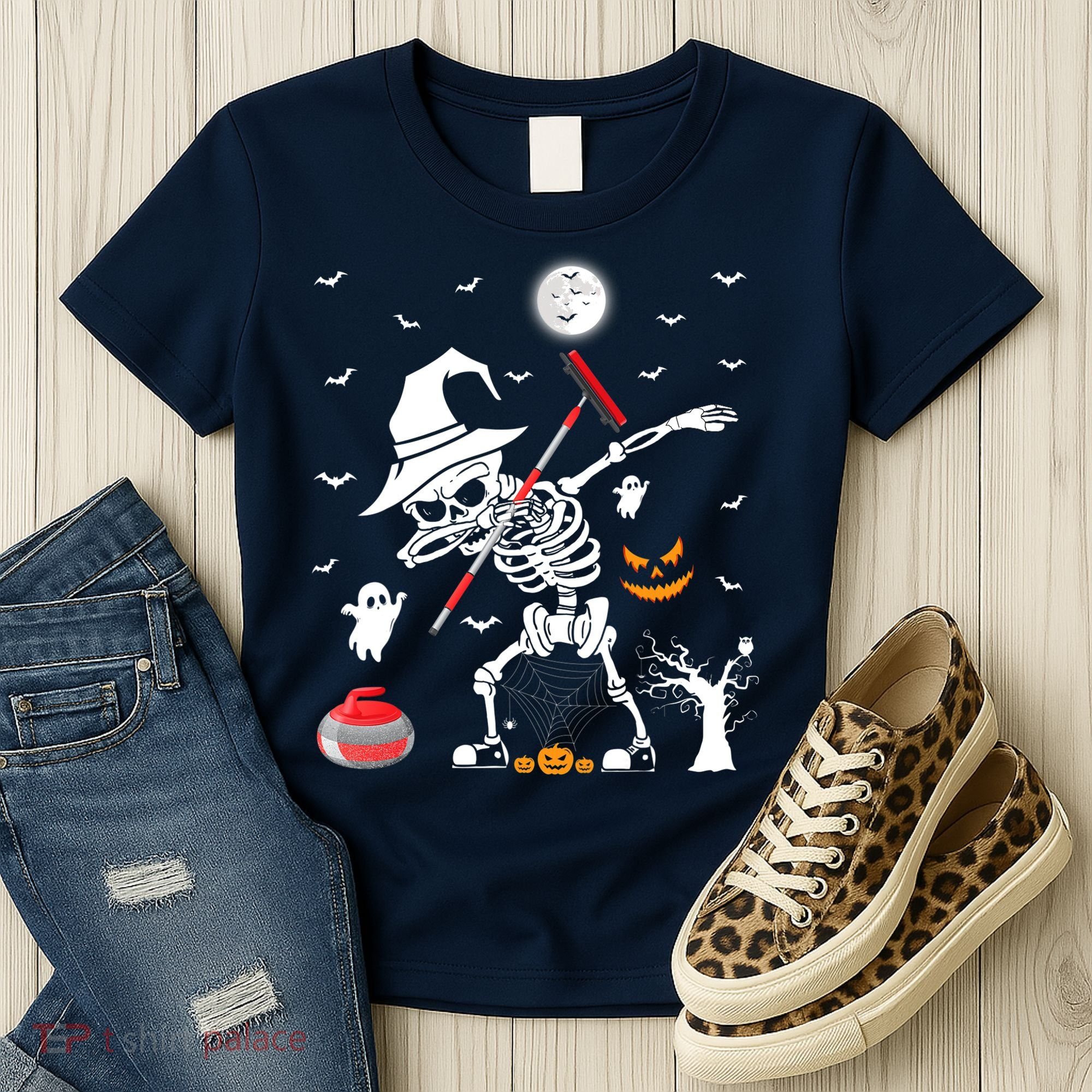 Curling Sports Funny Skeleton Dabbing Curling Halloween Women's T-Shirt