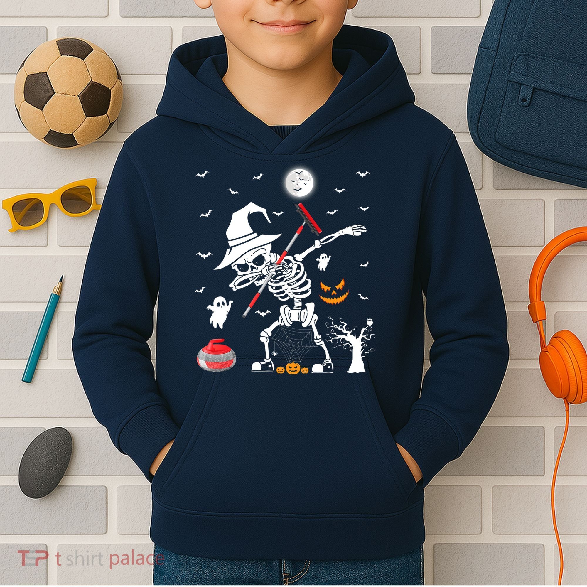 Curling Sports Funny Skeleton Dabbing Curling Halloween Kids Hoodie