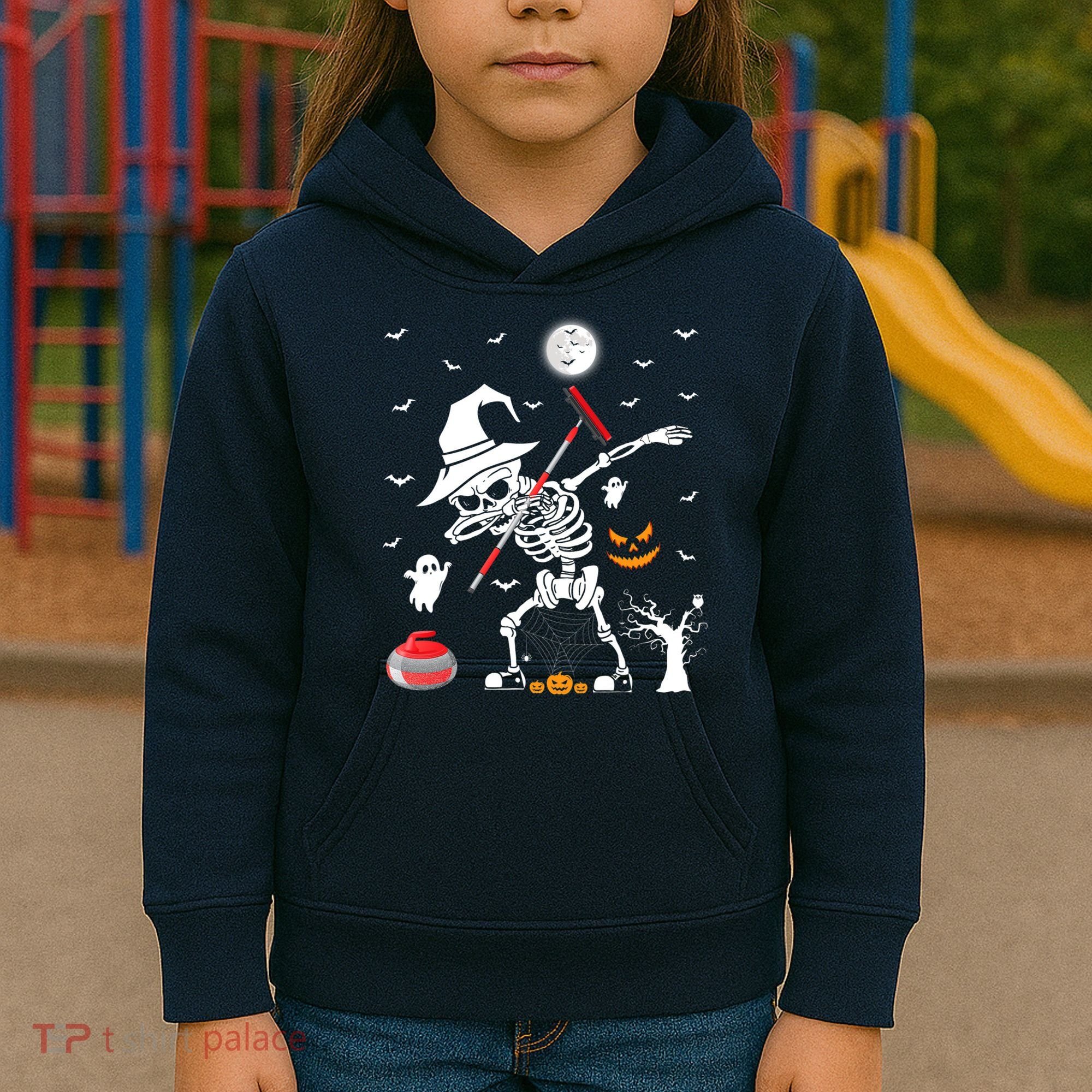 Curling Sports Funny Skeleton Dabbing Curling Halloween Kids Hoodie