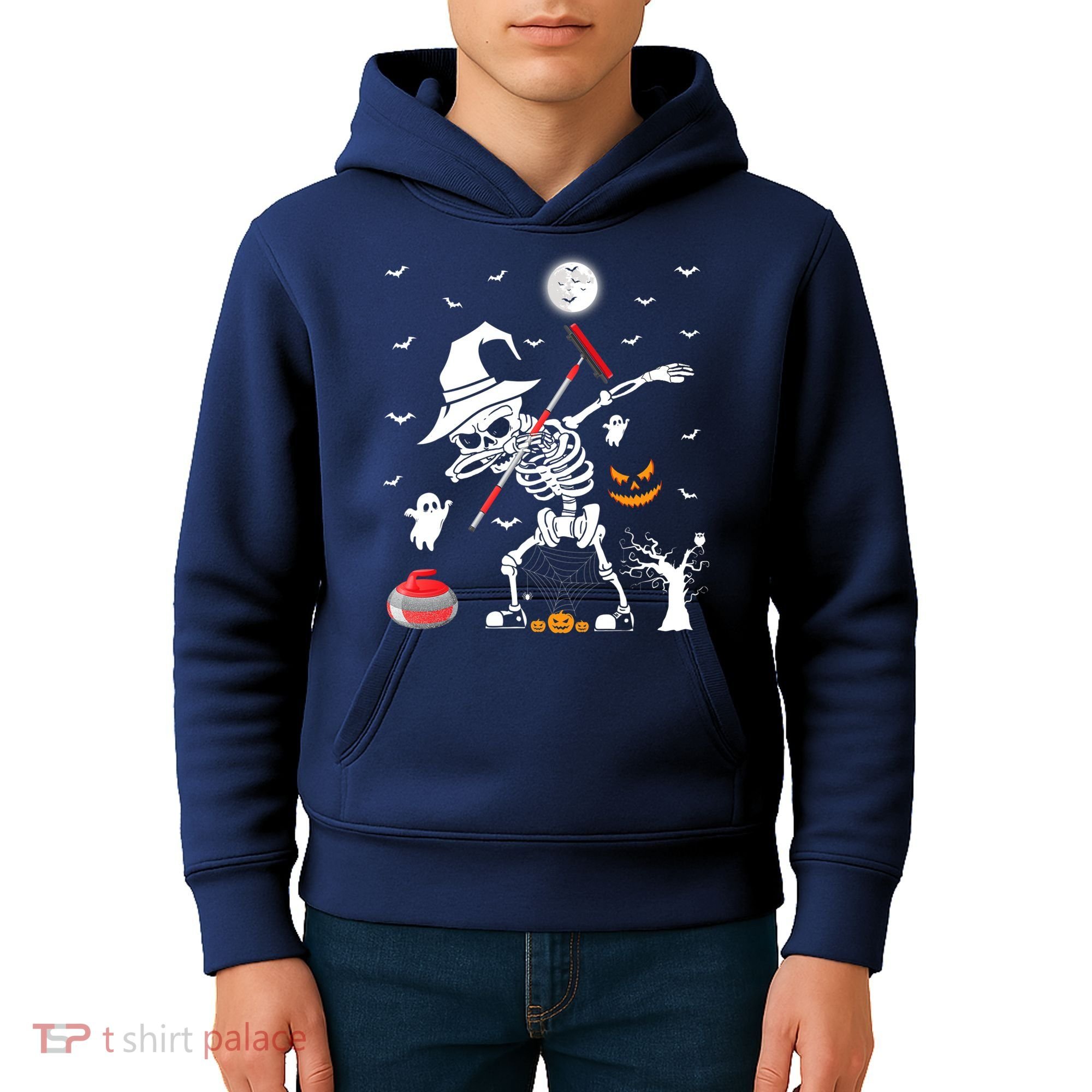 Curling Sports Funny Skeleton Dabbing Curling Halloween Kids Hoodie