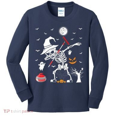 Curling Sports Funny Skeleton Dabbing Curling Halloween Kids Long Sleeve Shirt