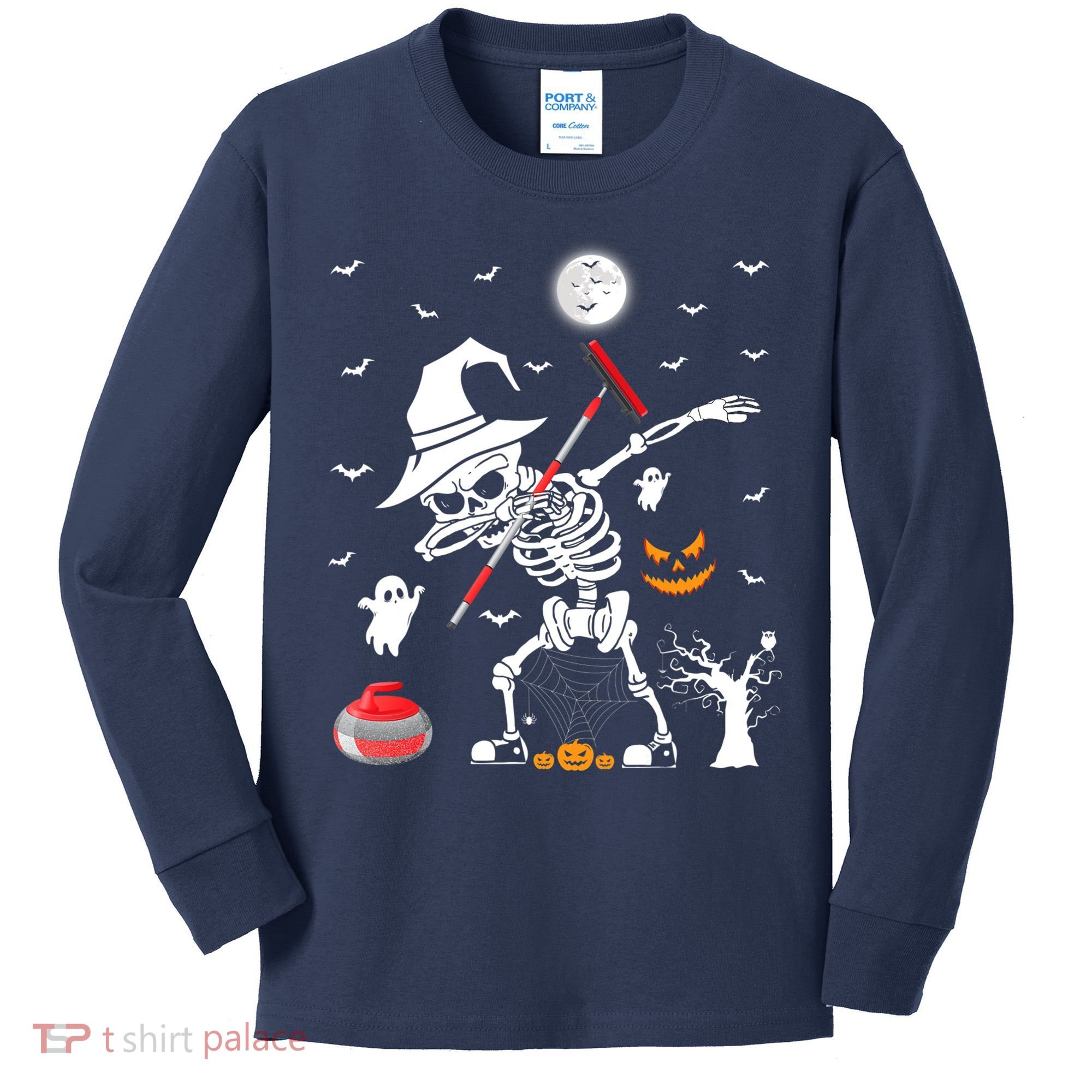 Curling Sports Funny Skeleton Dabbing Curling Halloween Kids Long Sleeve Shirt