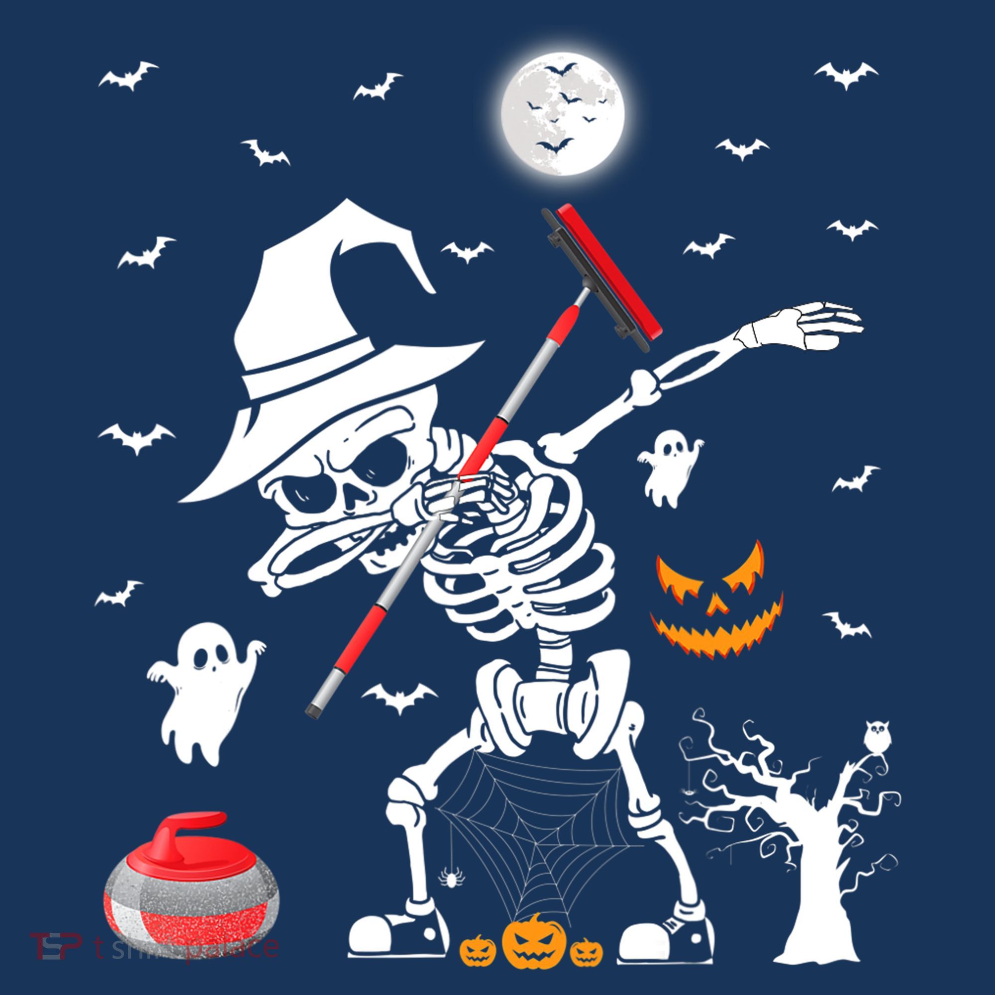 Curling Sports Funny Skeleton Dabbing Curling Halloween Kids T-Shirt