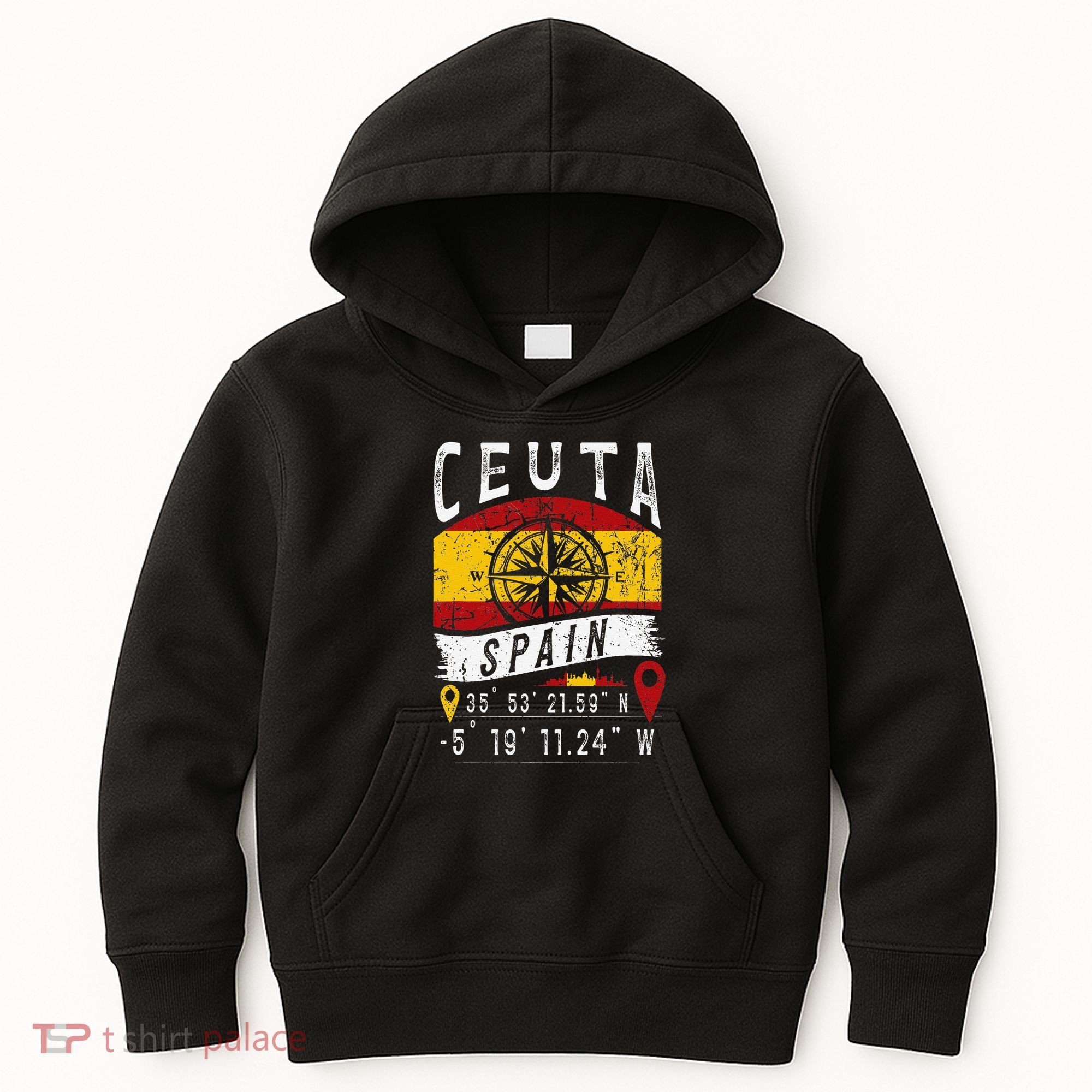 Ceuta Spain Flag Gps Coordinates Of Ceuta Kids Hoodie