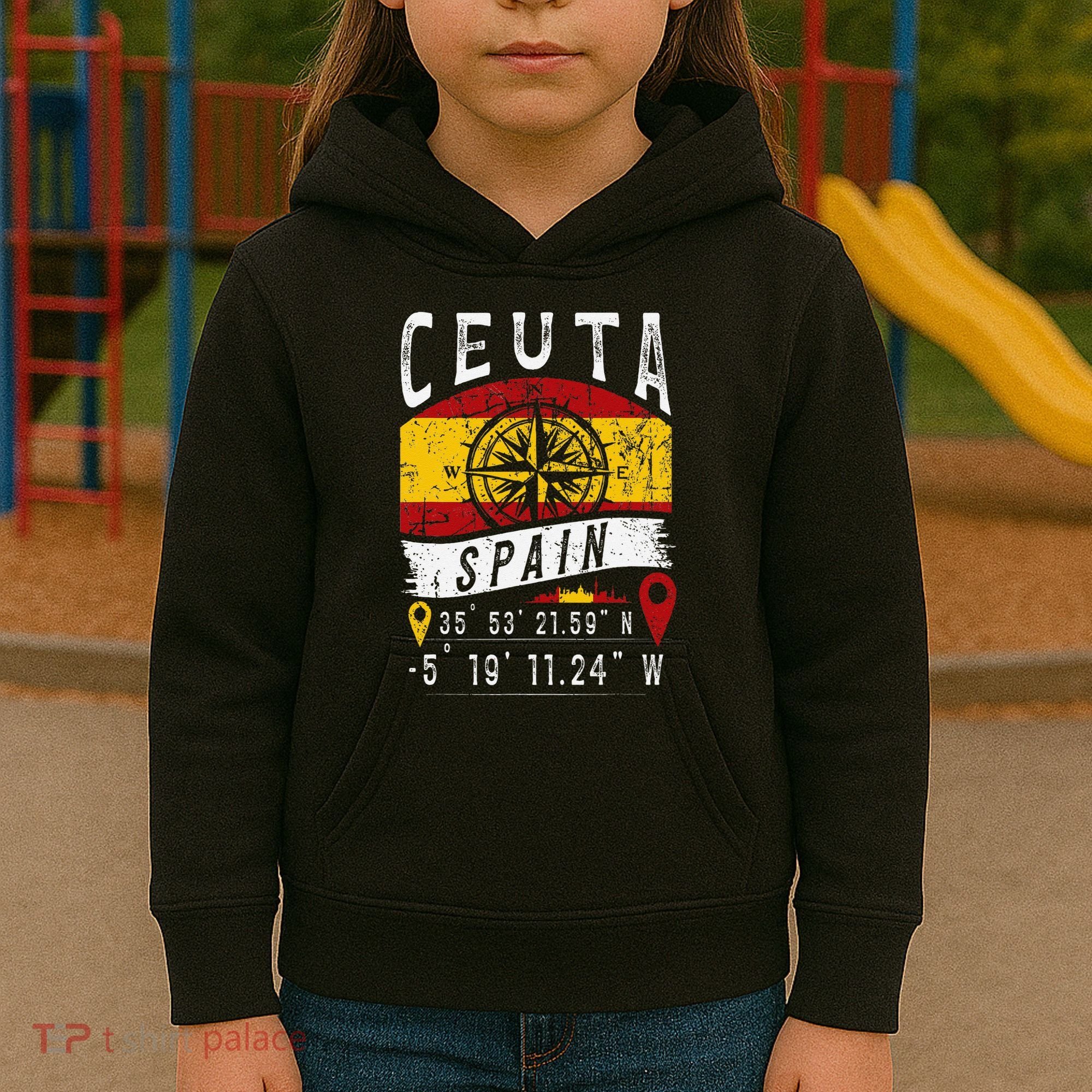 Ceuta Spain Flag Gps Coordinates Of Ceuta Kids Hoodie