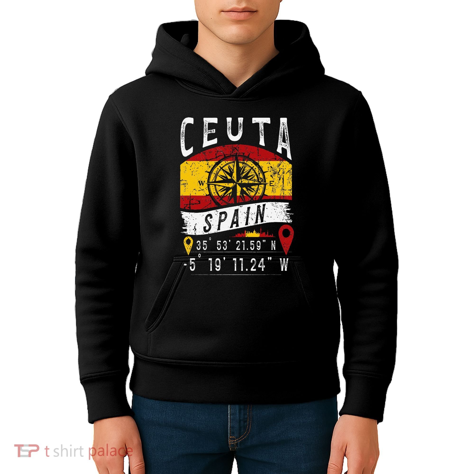 Ceuta Spain Flag Gps Coordinates Of Ceuta Kids Hoodie
