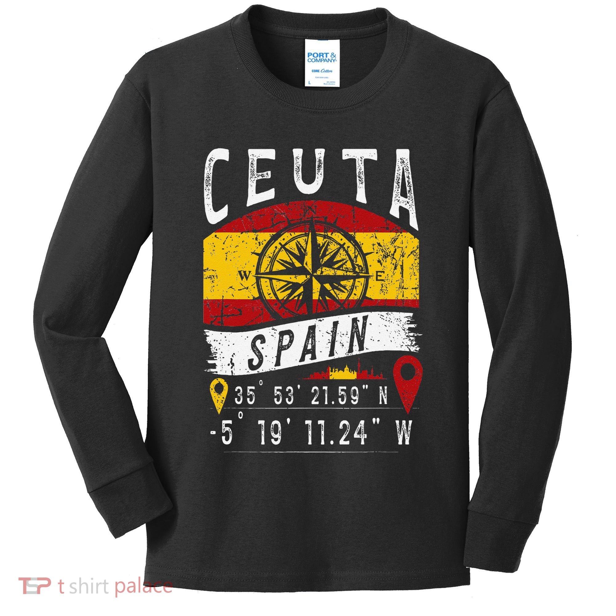 Ceuta Spain Flag Gps Coordinates Of Ceuta Kids Long Sleeve Shirt