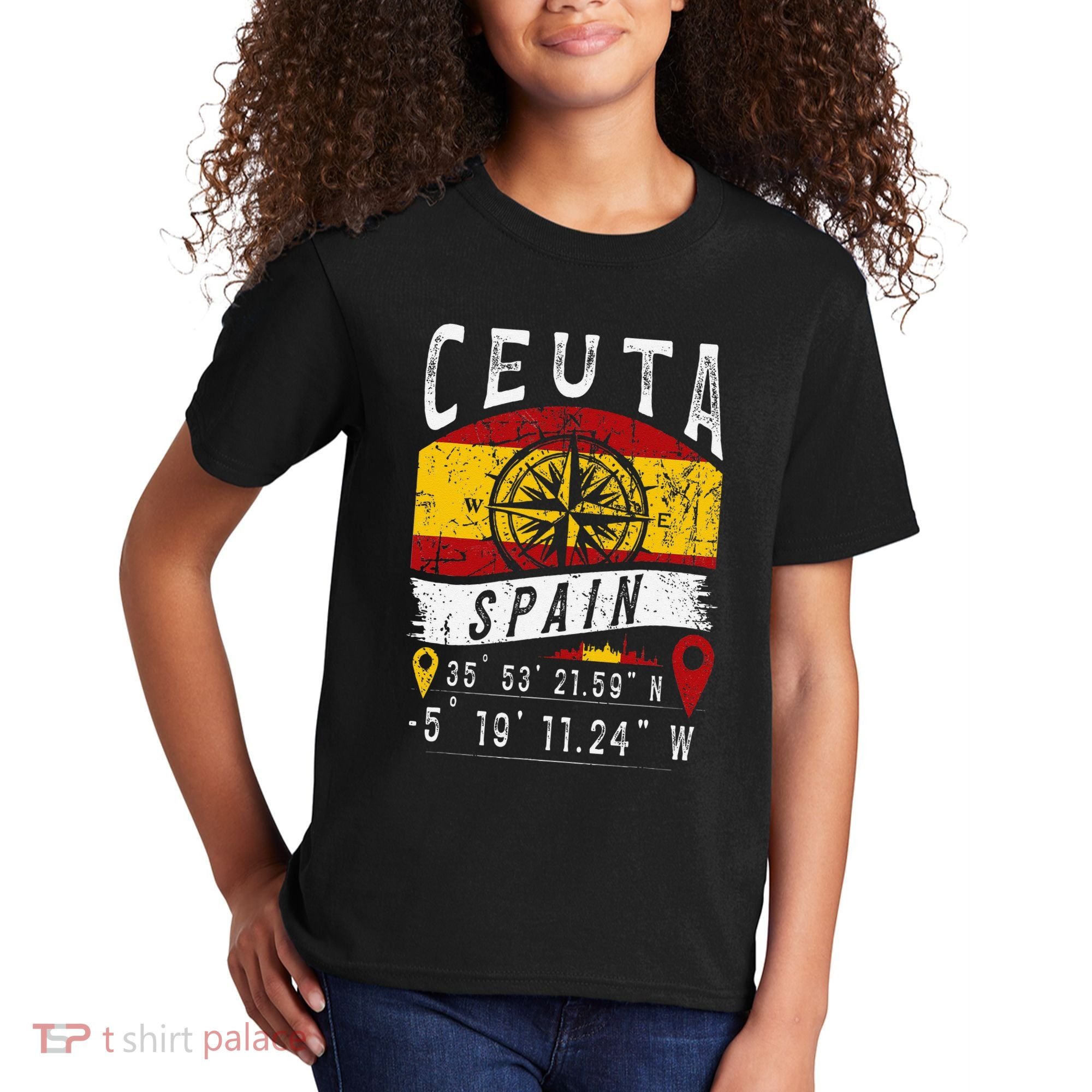 Ceuta Spain Flag Gps Coordinates Of Ceuta Kids T-Shirt