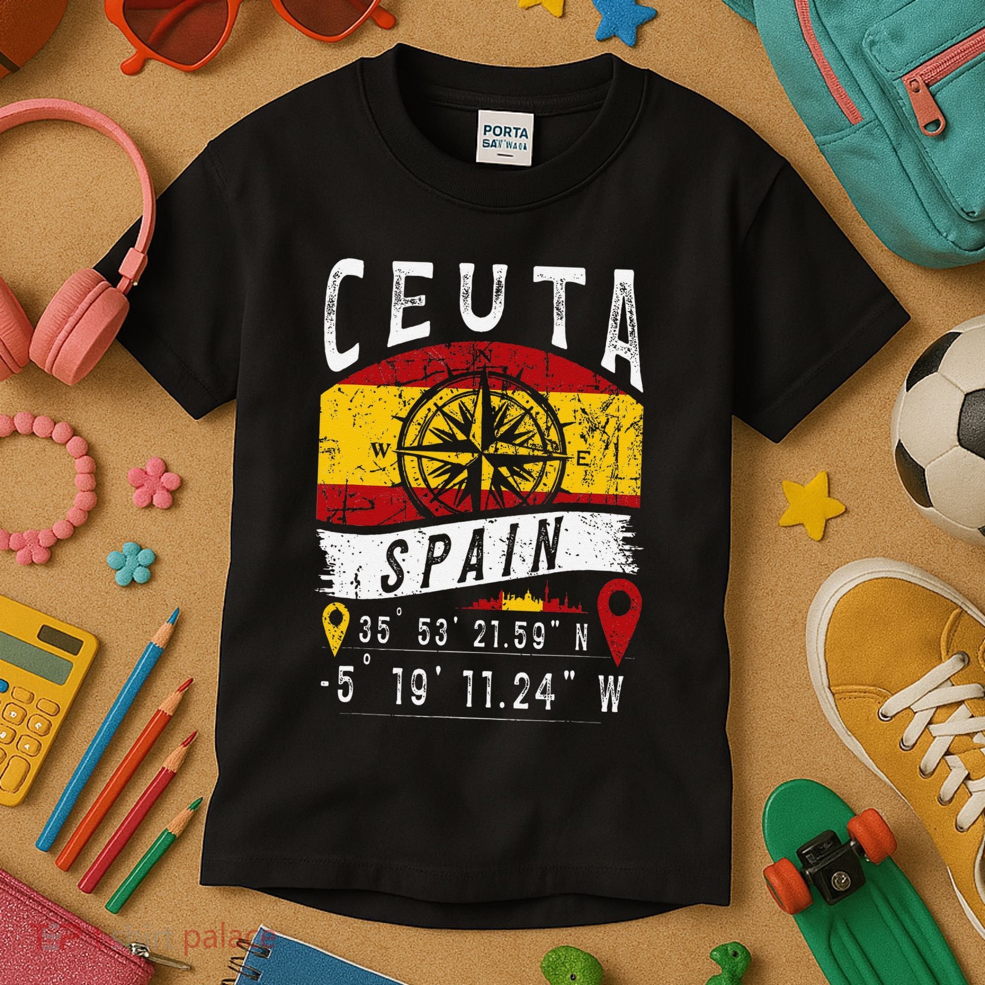 Ceuta Spain Flag Gps Coordinates Of Ceuta Kids T-Shirt