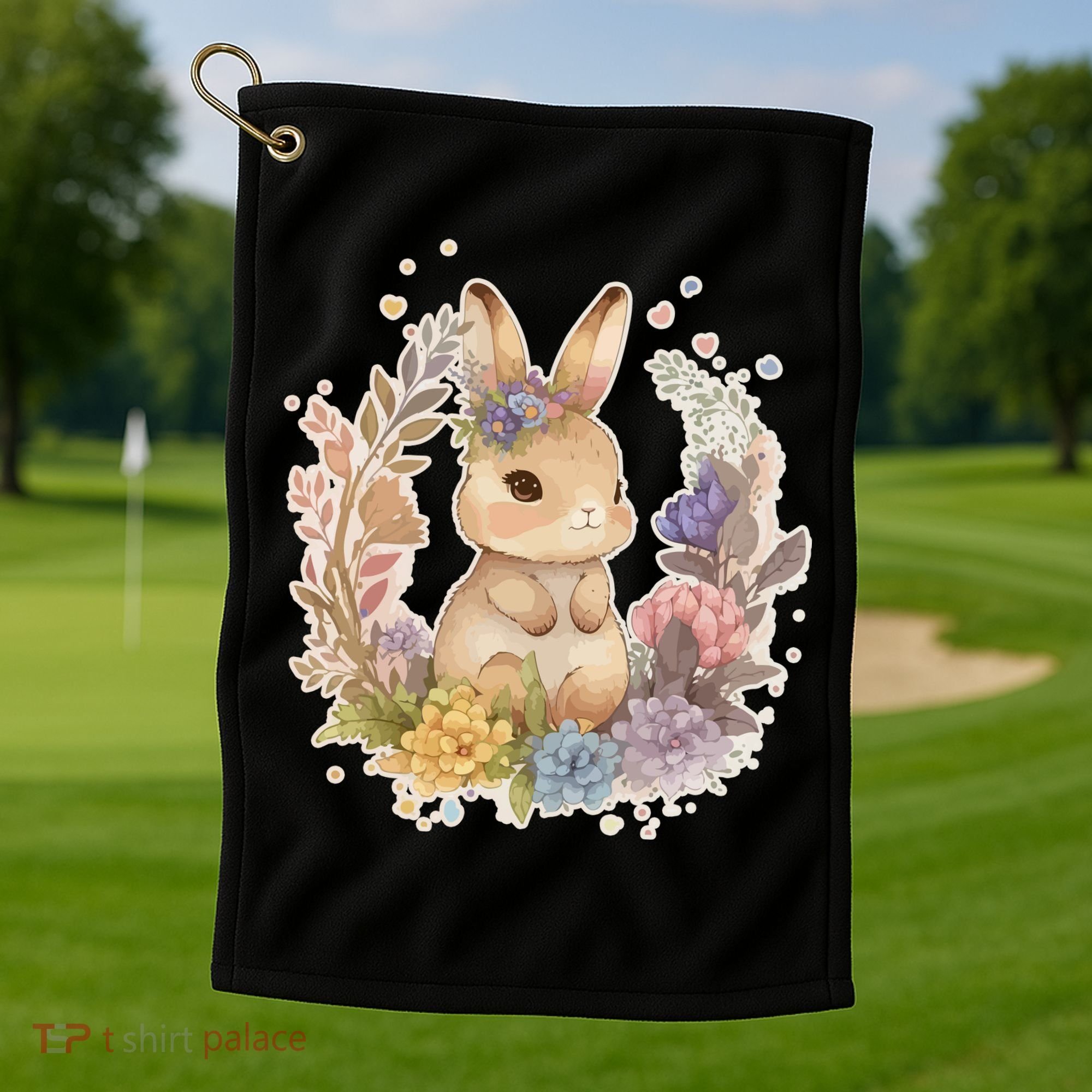 Cute Springtime Floral Baby Bunny Rabbit Golf Towel
