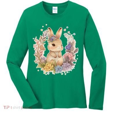 Cute Springtime Floral Baby Bunny Rabbit Women's Long Sleeve Shirt