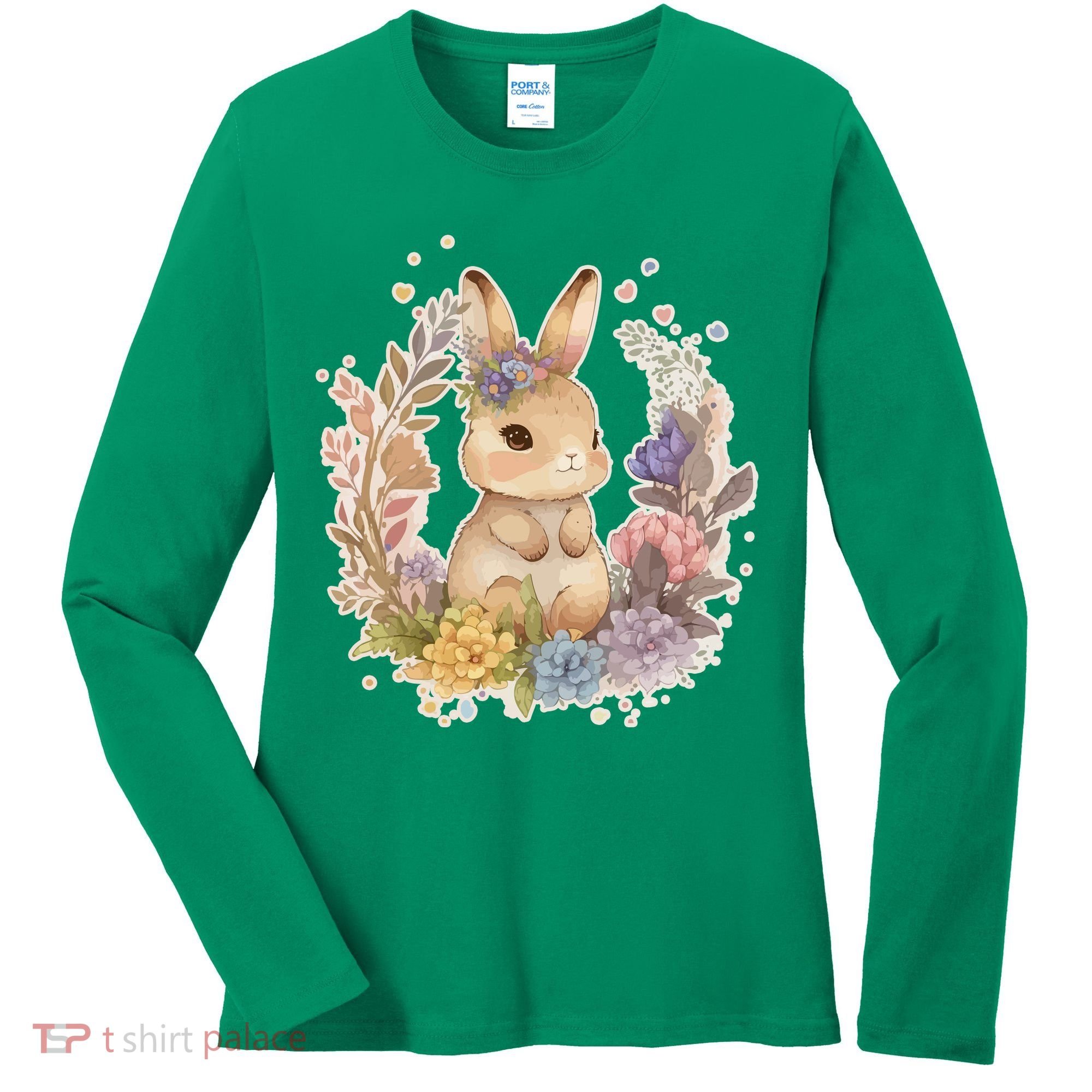 Cute Springtime Floral Baby Bunny Rabbit Women's Long Sleeve Shirt