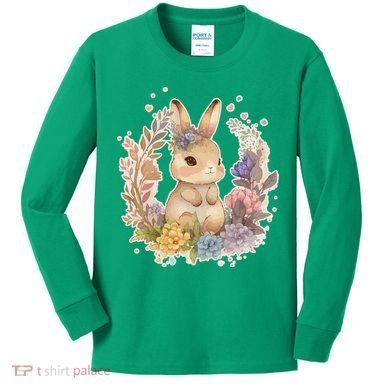 Cute Springtime Floral Baby Bunny Rabbit Kids Long Sleeve Shirt