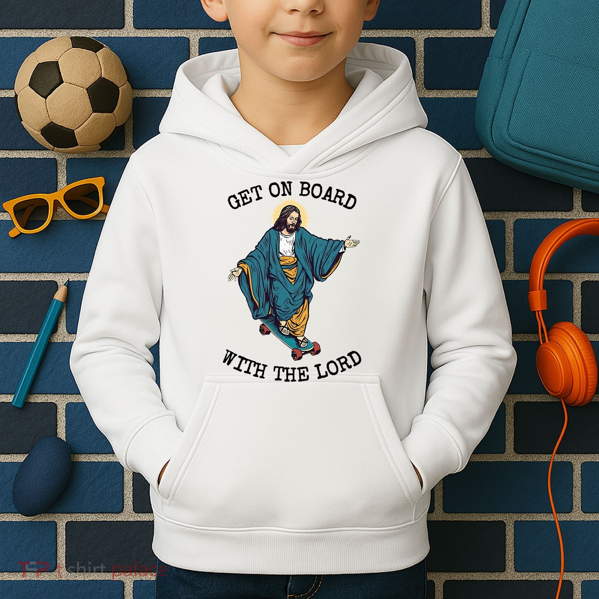Christ Skateboarding Get On Board With The Lord Jesus Skate Kids Hoodie