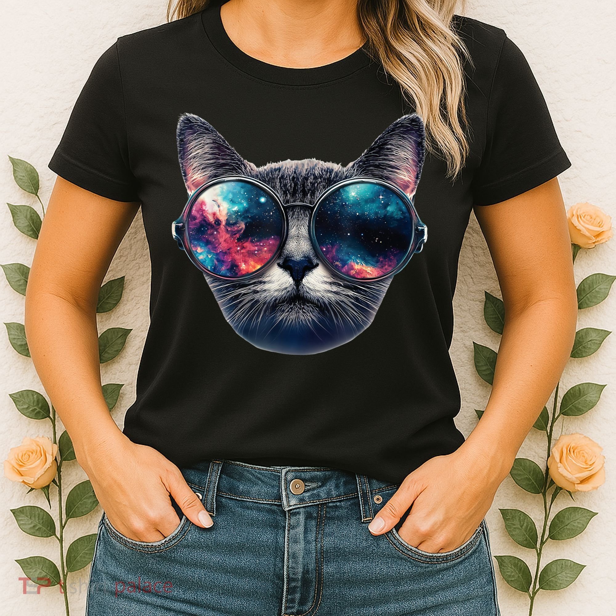 Cat Space Glasses Sunglasses Universe Meme Funny Graphic  Women's T-Shirt