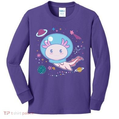 Cute Space Galaxy Astronaut Axolotl Kids Long Sleeve Shirt