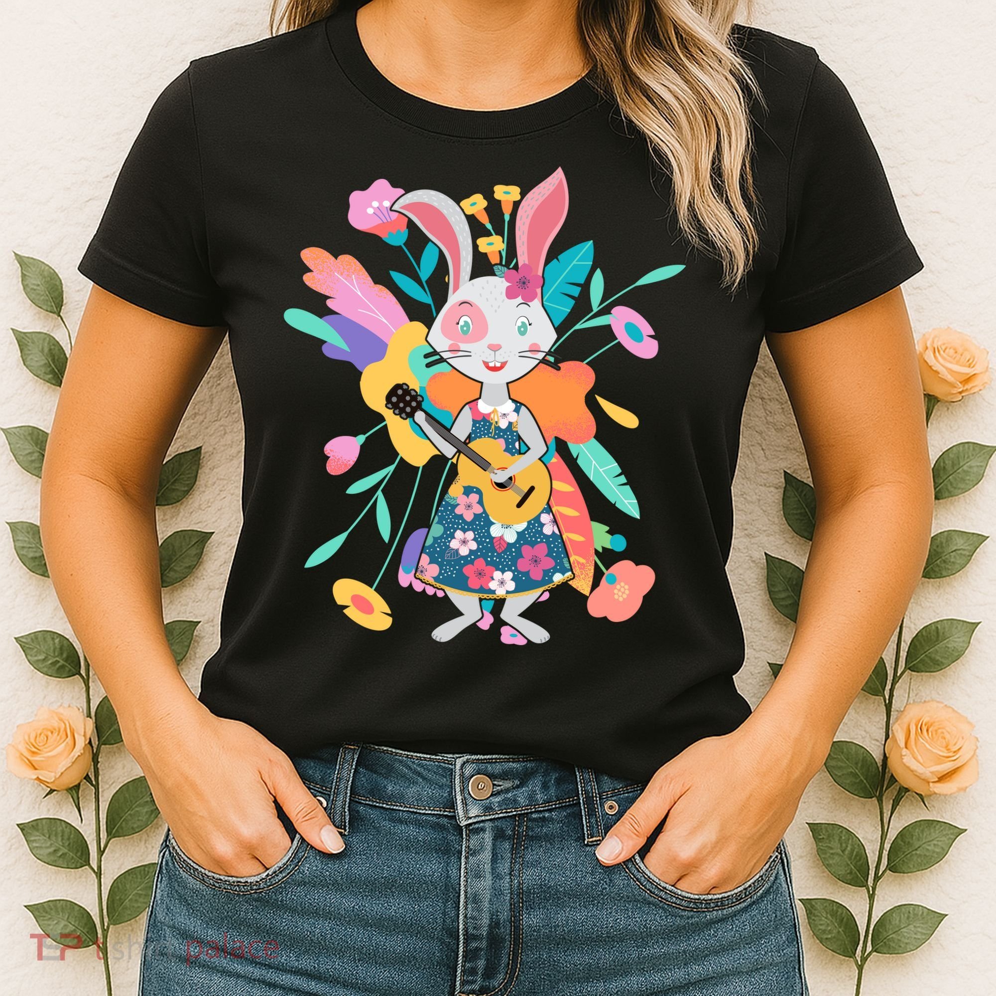 Cute Springtime Guitar Playing Bunny Rabbit Women's T-Shirt