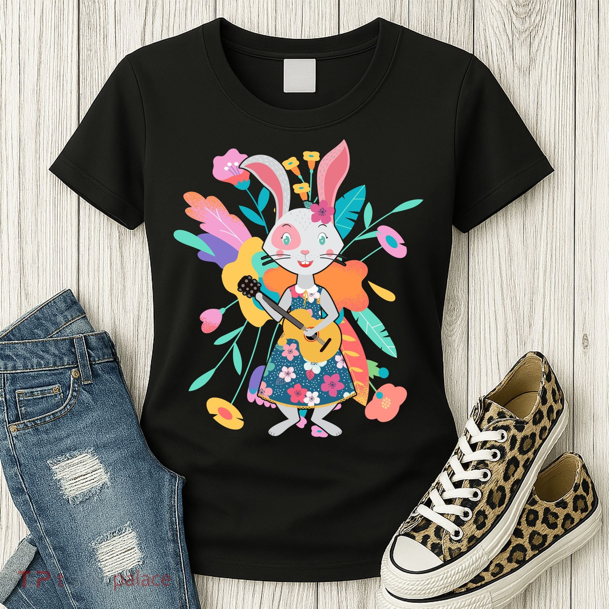 Cute Springtime Guitar Playing Bunny Rabbit Women's T-Shirt