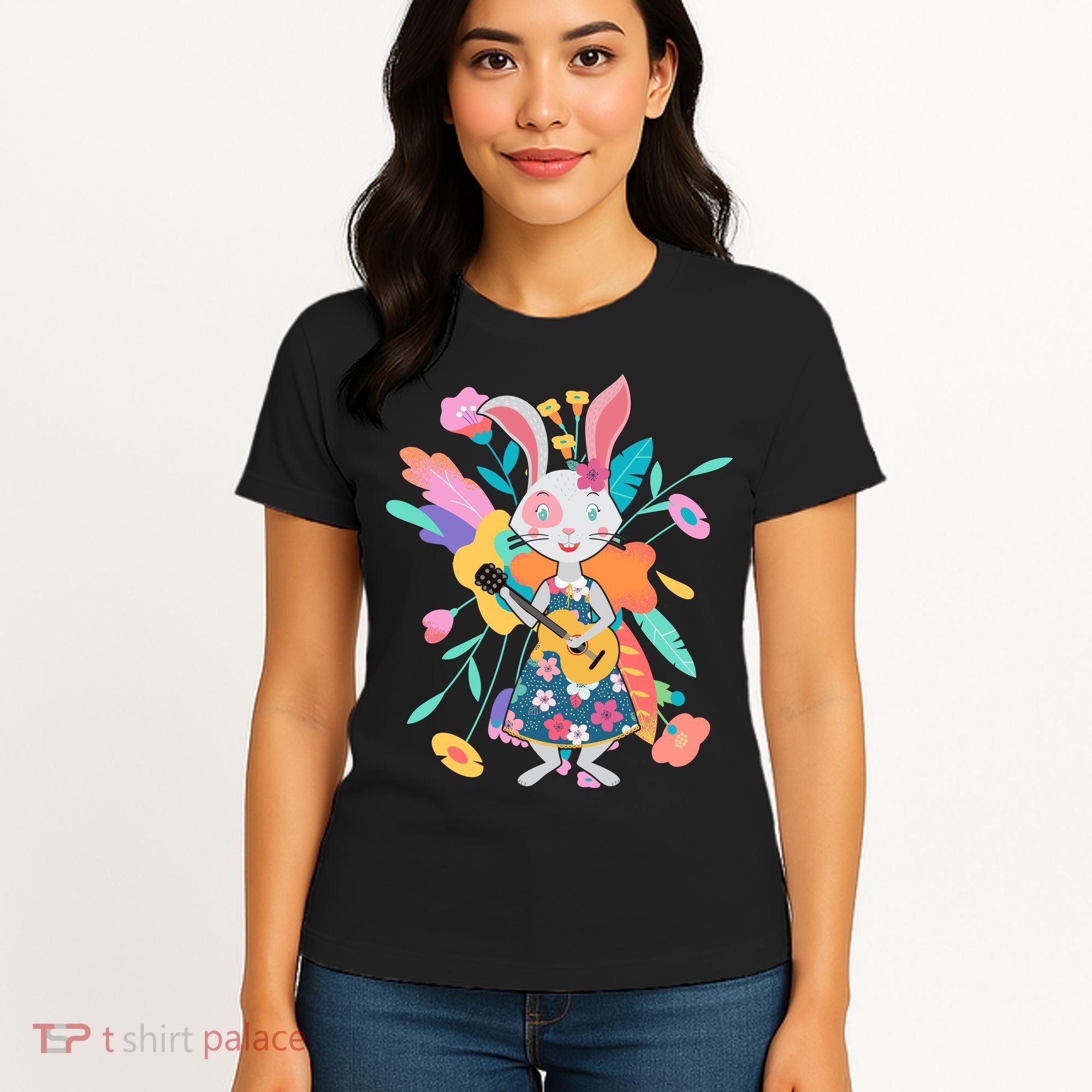 Cute Springtime Guitar Playing Bunny Rabbit Women's T-Shirt