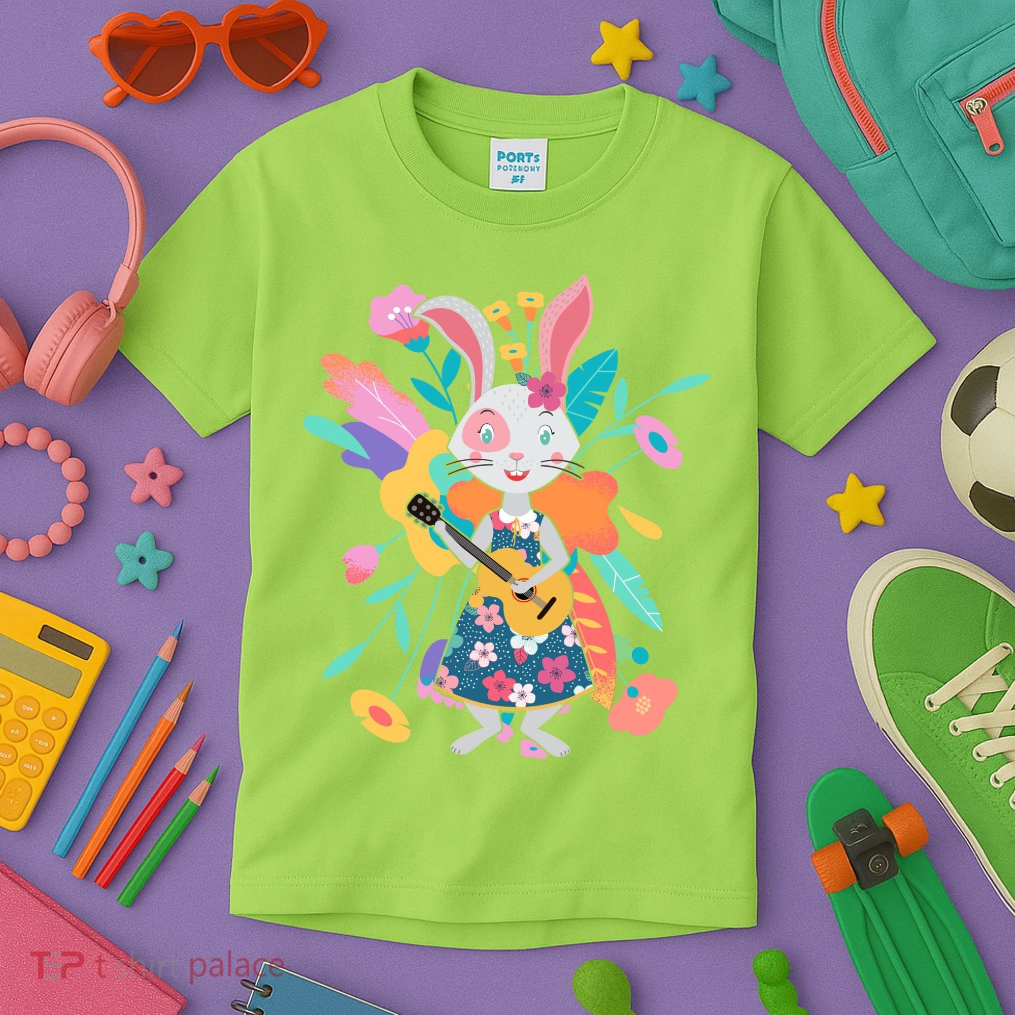 Cute Springtime Guitar Playing Bunny Rabbit Kids T-Shirt