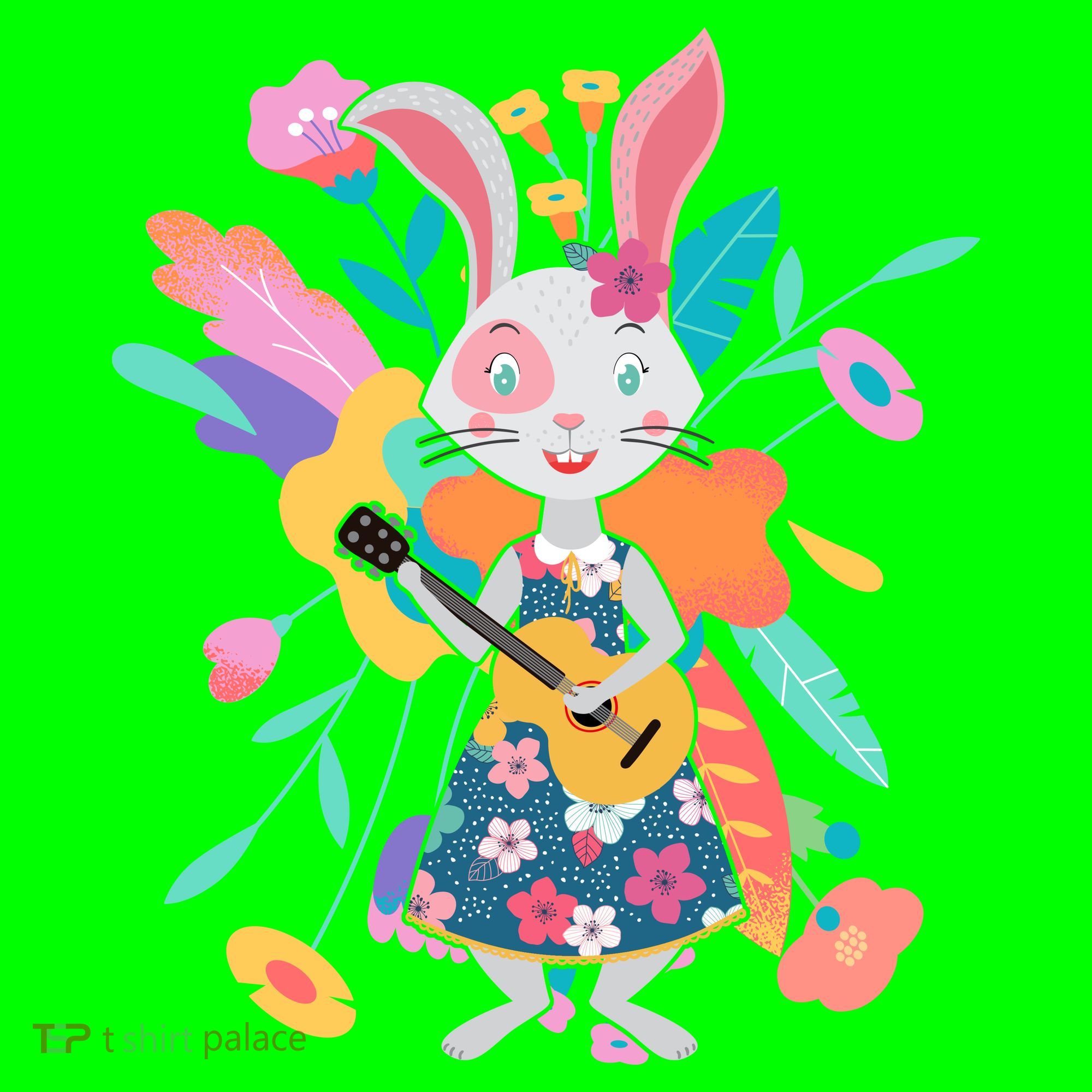 Cute Springtime Guitar Playing Bunny Rabbit Kids T-Shirt