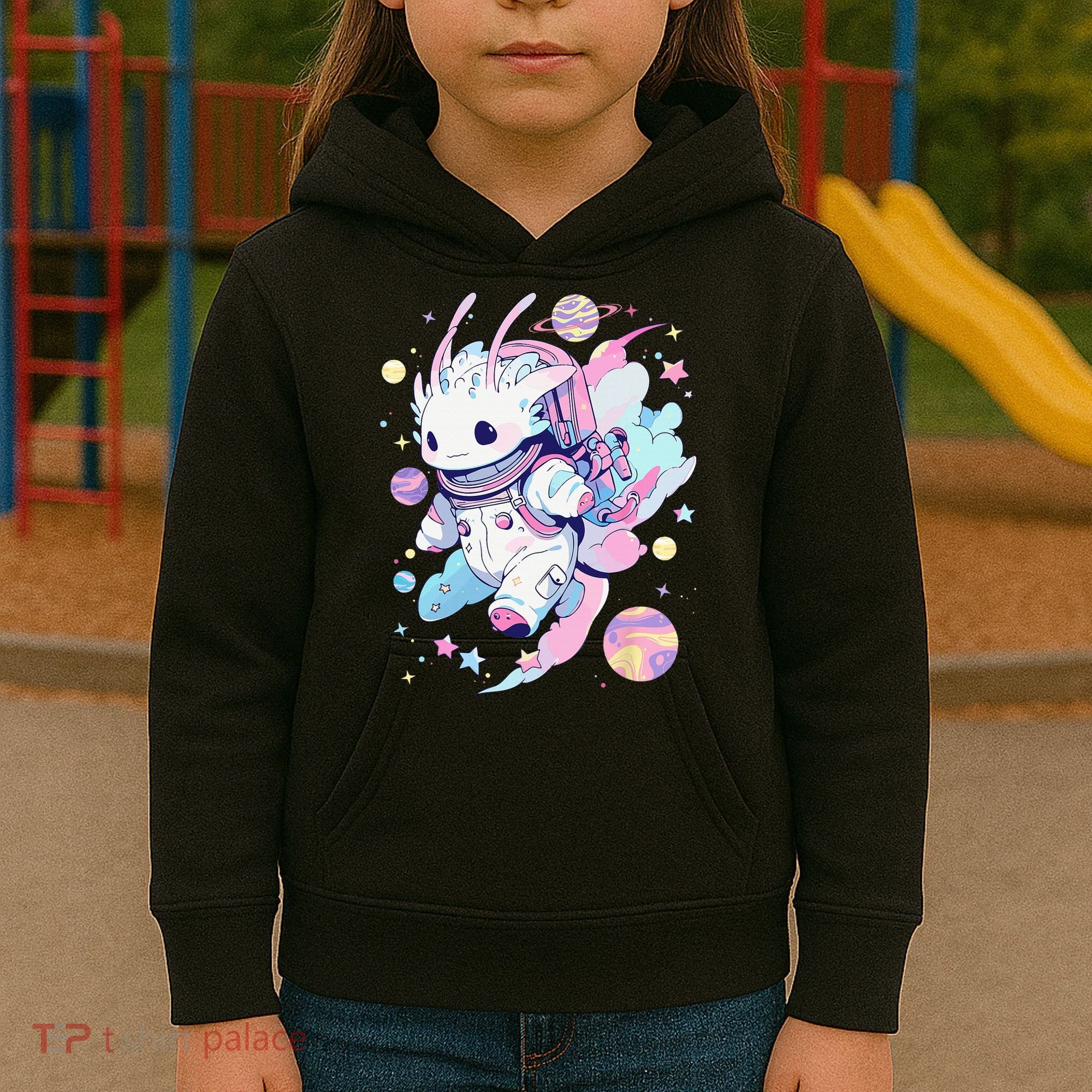 Cute Space Galaxy Axolotl Pastel Goth Aesthetic Nu Goth Kids Hoodie