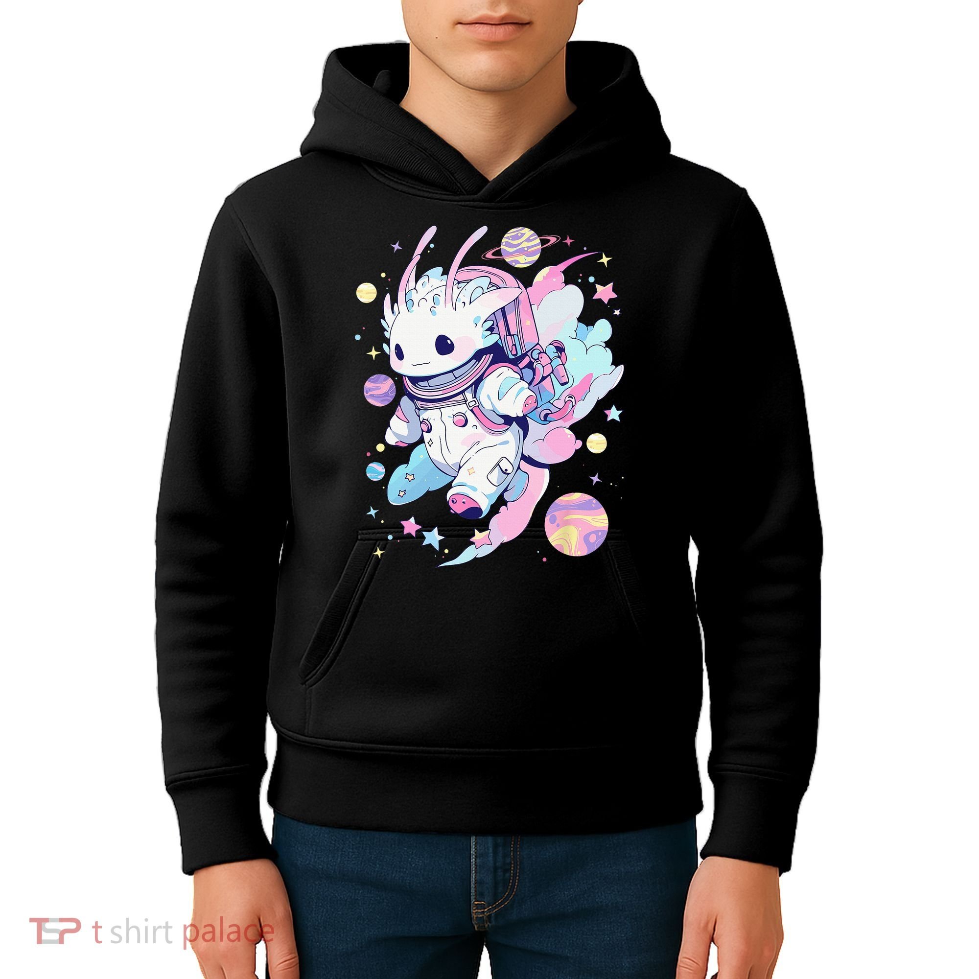 Cute Space Galaxy Axolotl Pastel Goth Aesthetic Nu Goth Kids Hoodie